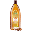 COSMI Almond Non-Sticky Hair Oil with Vitamin E bottle, displayed next to fresh almonds and white almond blossoms.