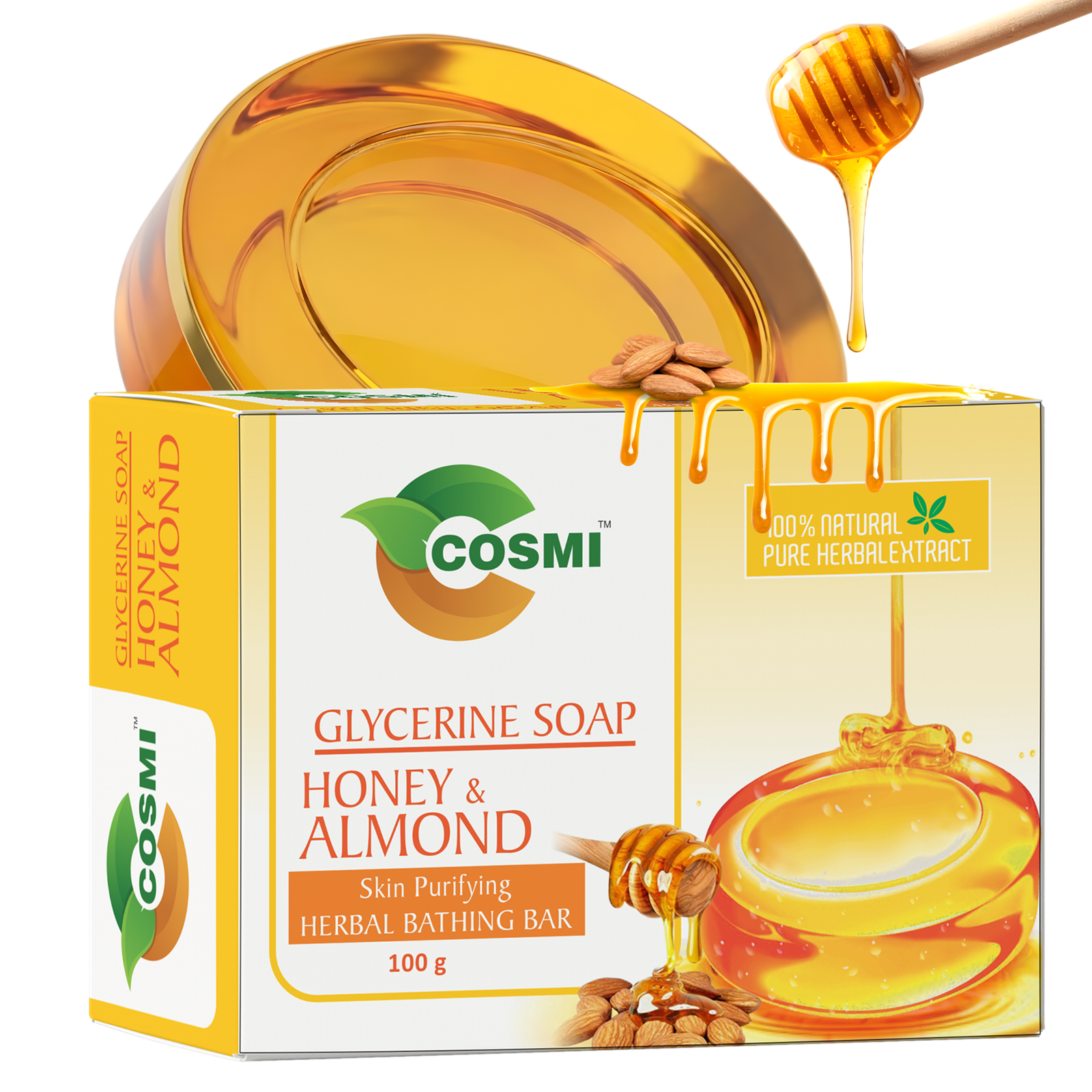 COSMI Glycerine Soap Honey and Almond 100g – Skin Purifying Herbal Bathing Bar with Natural Honey Almond Extract India