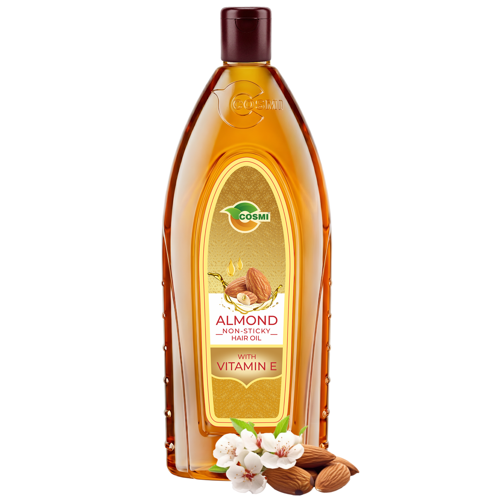 COSMI Almond Non-Sticky Hair Oil with Vitamin E bottle, displayed next to fresh almonds and white almond blossoms.