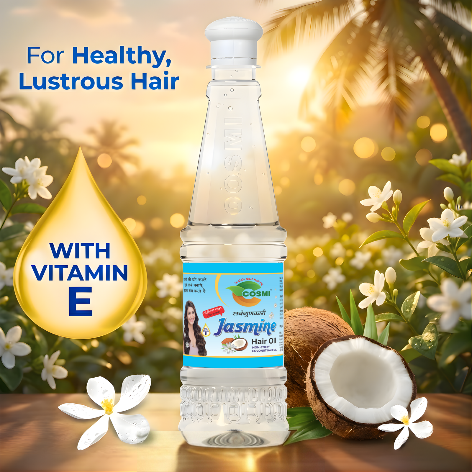 COSMI Jasmine Hair Oil Tower Bottle with Vitamin E – For Healthy, Lustrous Hair with Natural Jasmine, Coconut & Vitamin E