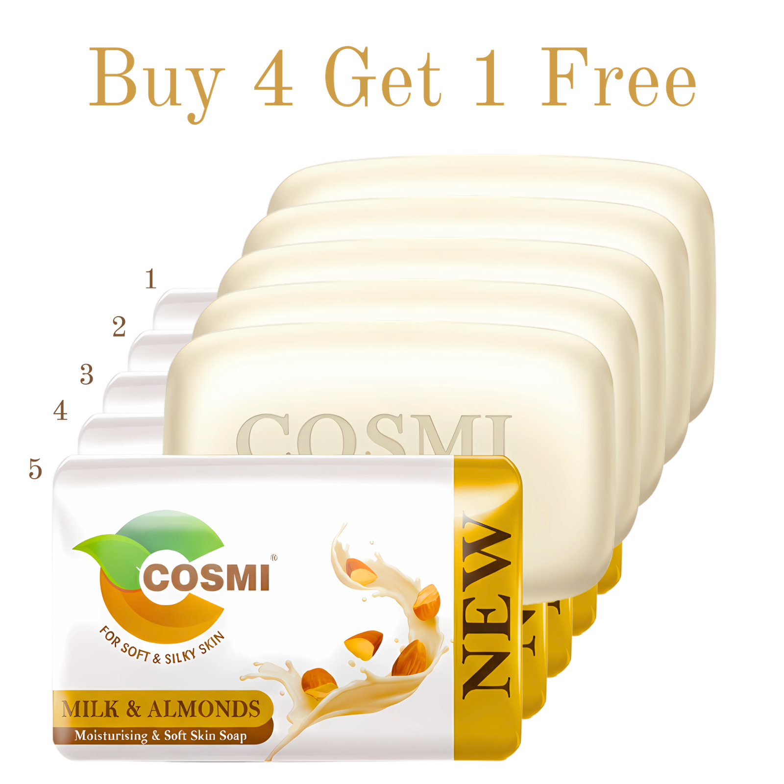COSMI Milk Almonds Soap Buy 4 Get 1 Free Offer – Moisturising Soft Skin Soap Pack of 5 Best Value Deal
