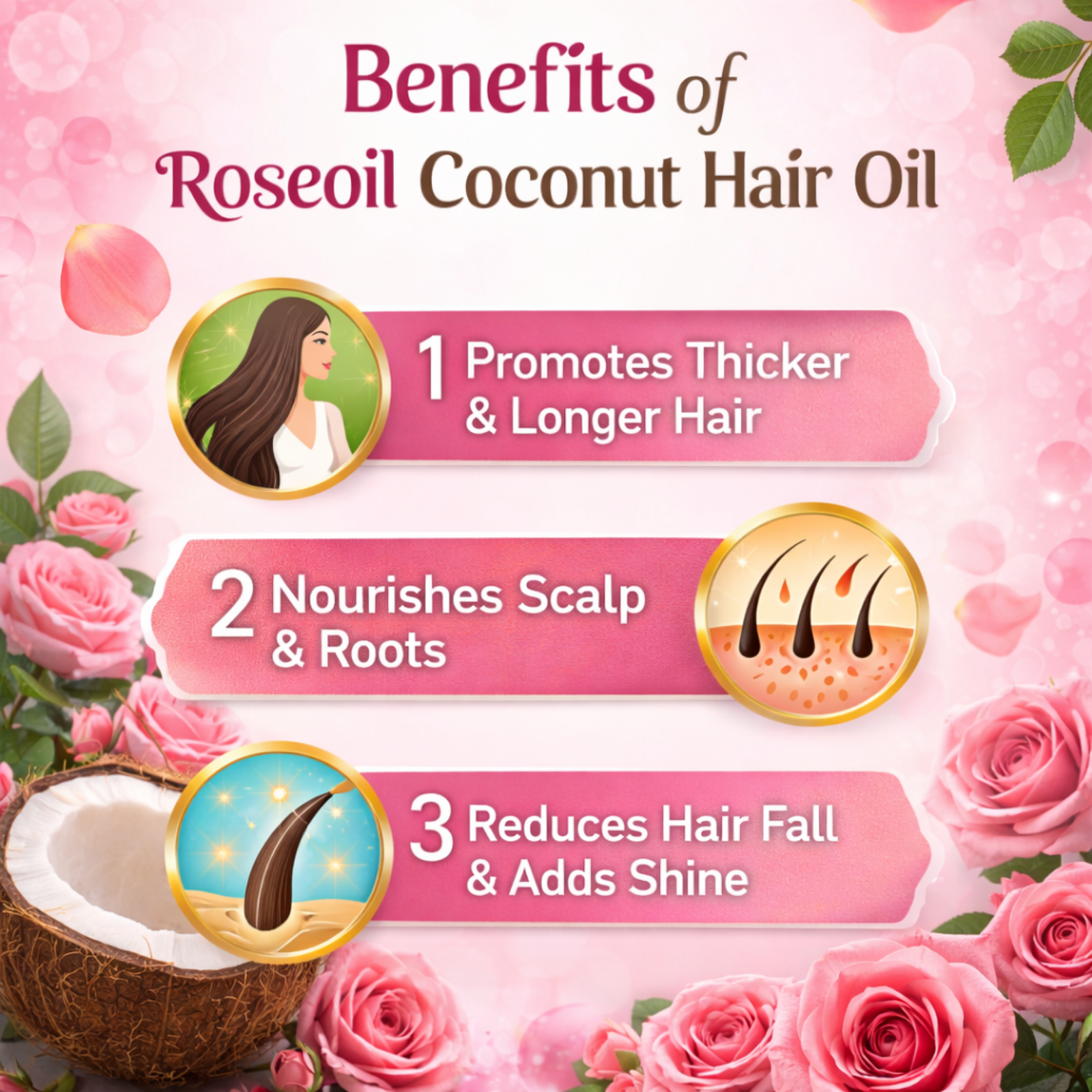COSMI Roseoil Coconut Hair Oil Benefits – Promotes Thicker & Longer Hair, Nourishes Scalp & Roots, Reduces Hair Fall & Adds Shine