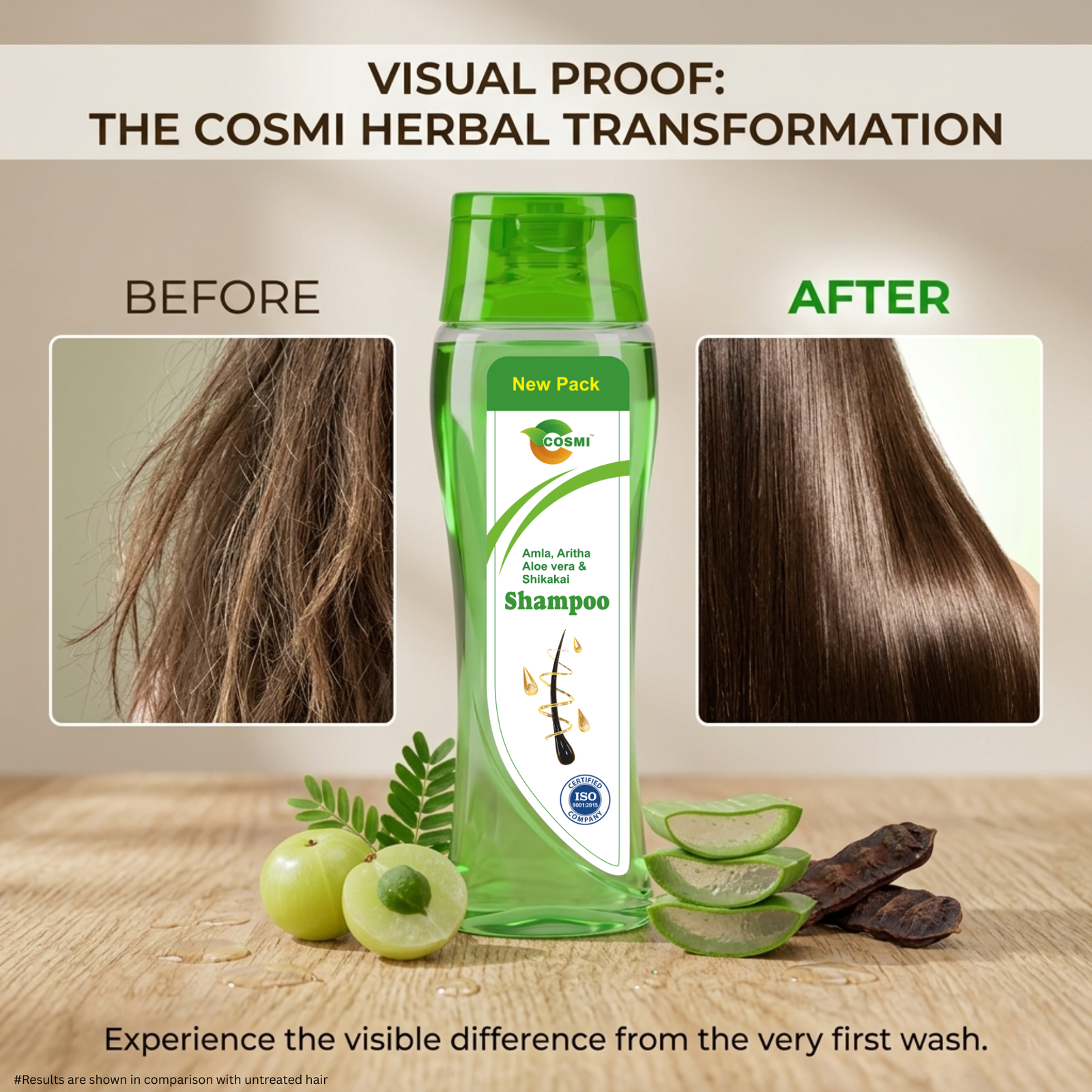 COSMI Aloe Vera Herbal Shampoo Fliptop Bottle Before After Hair Transformation – Visible Difference from First Wash