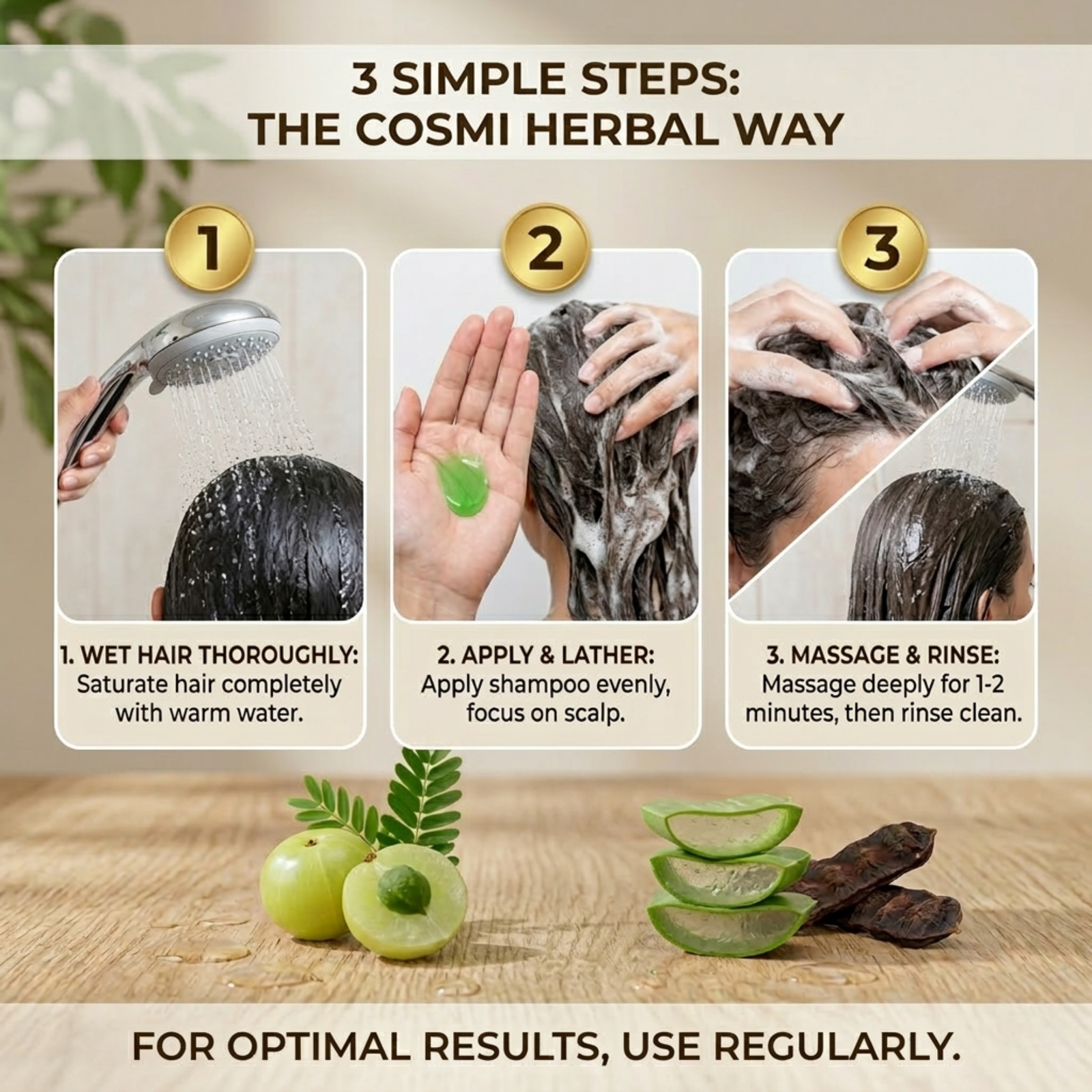 COSMI Aloe Vera Herbal Shampoo How to Use – 3 Simple Steps Wet Apply Lather Massage Rinse for Best Results