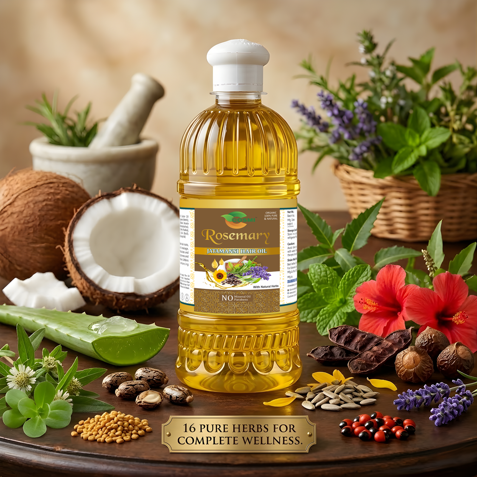 COSMI Rosemary Intra-Ayurvedic Hair Oil 500ml Gujarati Bottle with 16 Pure Herbs – Coconut, Aloe Vera, Hibiscus, Rosemary, Lavender & More for Complete Hair Wellness