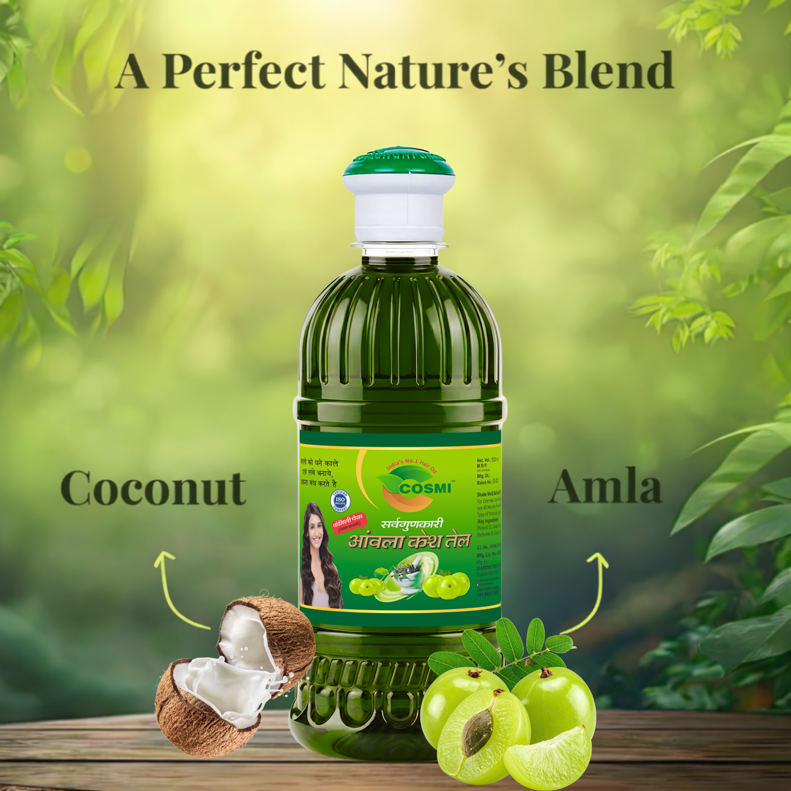 COSMI Amla Hair Oil bottle showing its natural blend of deep-conditioning coconut and fresh amla ingredients.