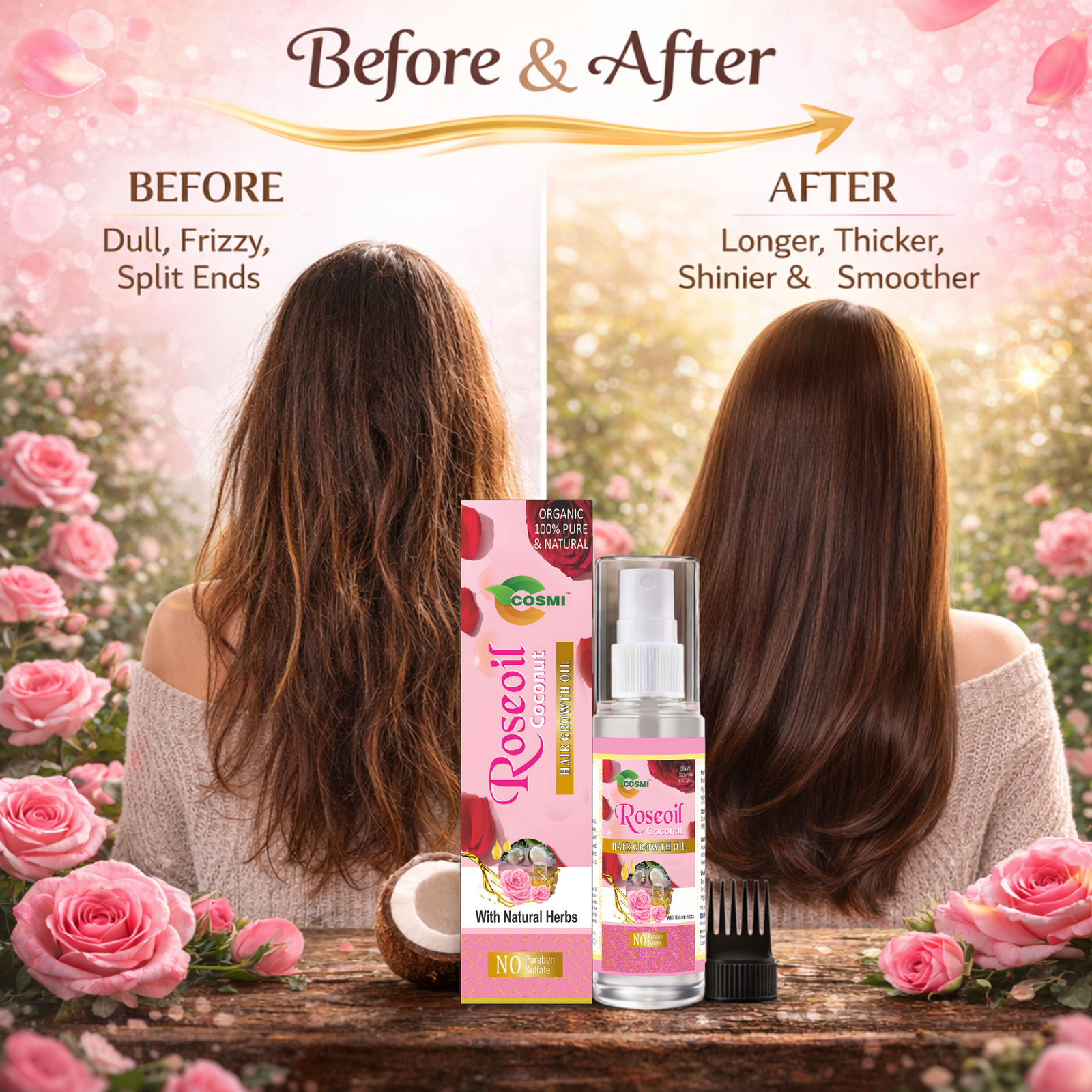COSMI Roseoil Coconut Hair Growth Oil Before and After – From Dull, Frizzy Hair to Longer, Thicker, Shinier & Smoother Hair