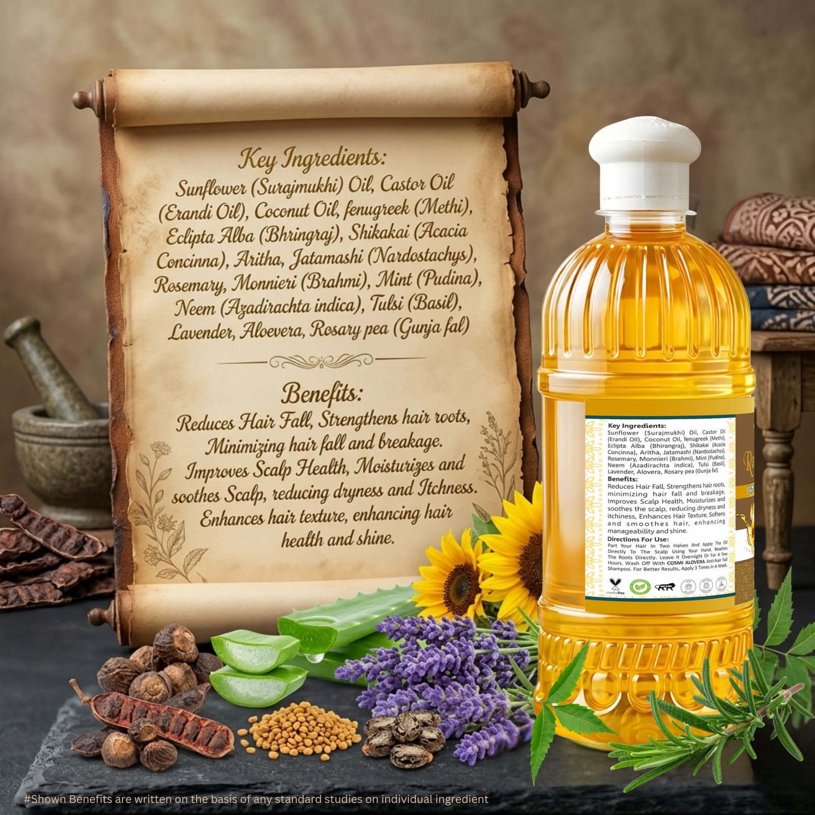 COSMI Rosemary Intra-Ayurvedic Hair Oil Key Ingredients & Benefits – Sunflower, Castor, Coconut, Aritha, Jatamansi, Rosemary, Brahmi & More for Hair Fall Reduction & Scalp Health