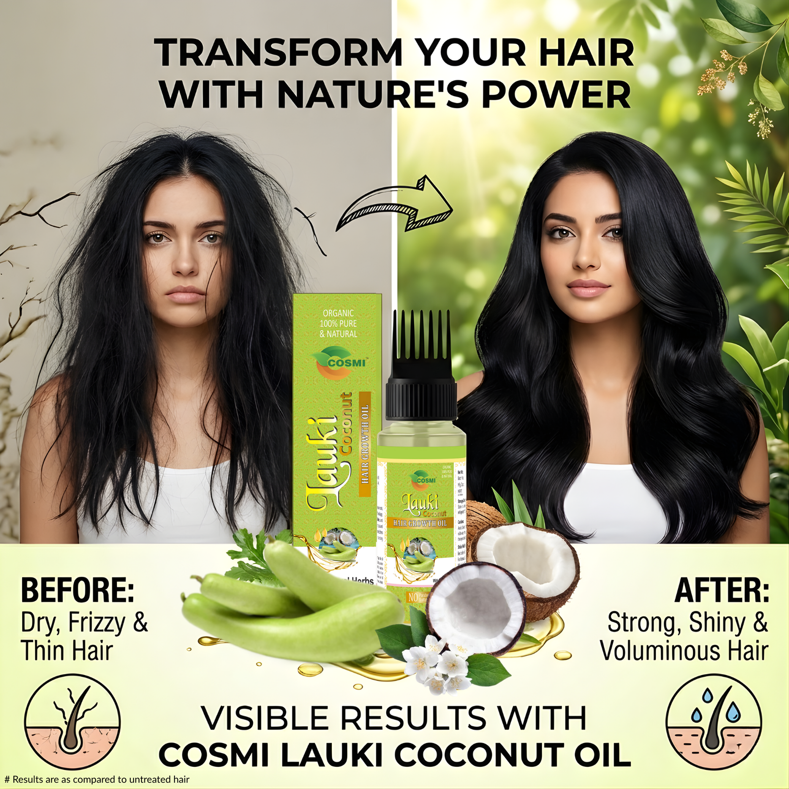 Dudhi Hair Oil Spray Bottle Before After – Transform Dry Frizzy Hair to Strong Shiny Voluminous Hair COSMI Lauki Coconut Hair Oil Before After – Transform Dry Frizzy Thin Hair to Strong Shiny Voluminous Hair with Nature's Power
