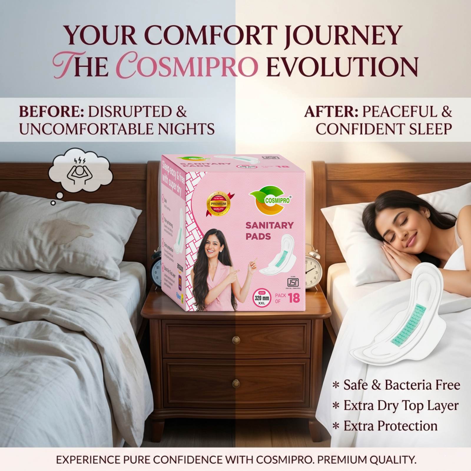 COSMIPRO Sanitary Pads 320mm XXL Before & After – The COSMIPRO Evolution: From Disrupted Uncomfortable Nights to Peaceful Confident Sleep, Safe & Bacteria Free