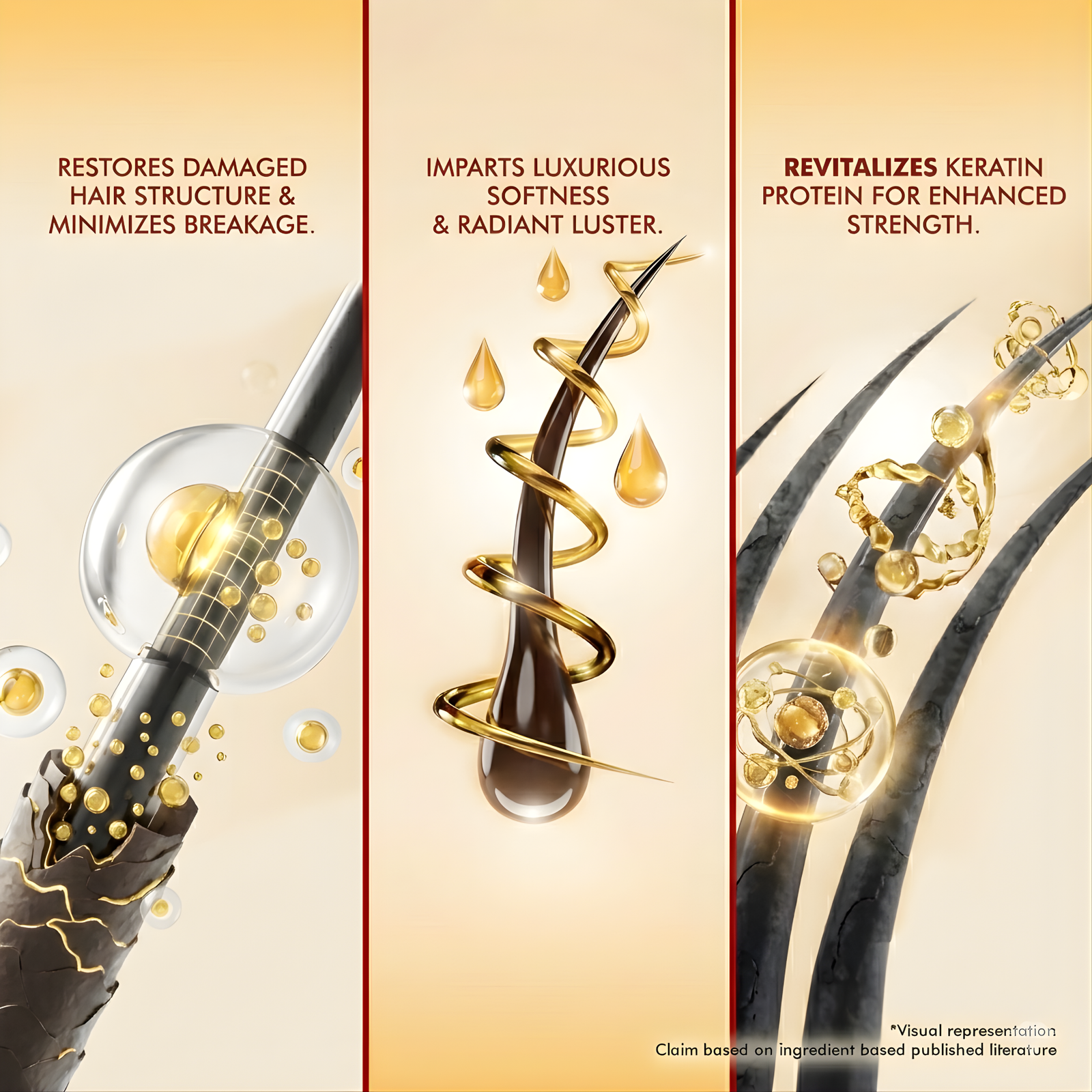 Advanced Hair Repair & Keratin Revitalization | COSMI Almond Oil Microscopic diagram showing how COSMI Almond Hair Oil restores damaged hair structure, adds shine, and revitalizes keratin protein.