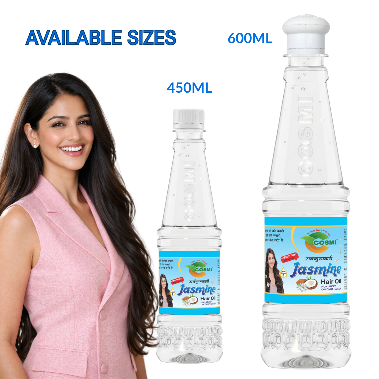 COSMI Jasmine Hair Oil Tower Bottle Available Sizes – 450ml and 600ml Natural Jasmine & Coconut Hair Oil with Vitamin E