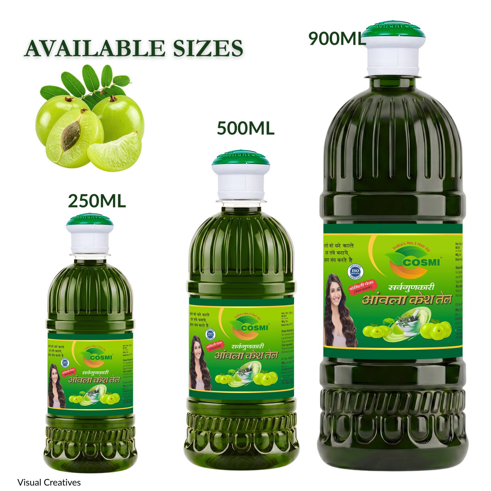 COSMI Amla Hair Oil bottles in 250ml, 500ml, and 900ml sizes displayed next to fresh green amla.