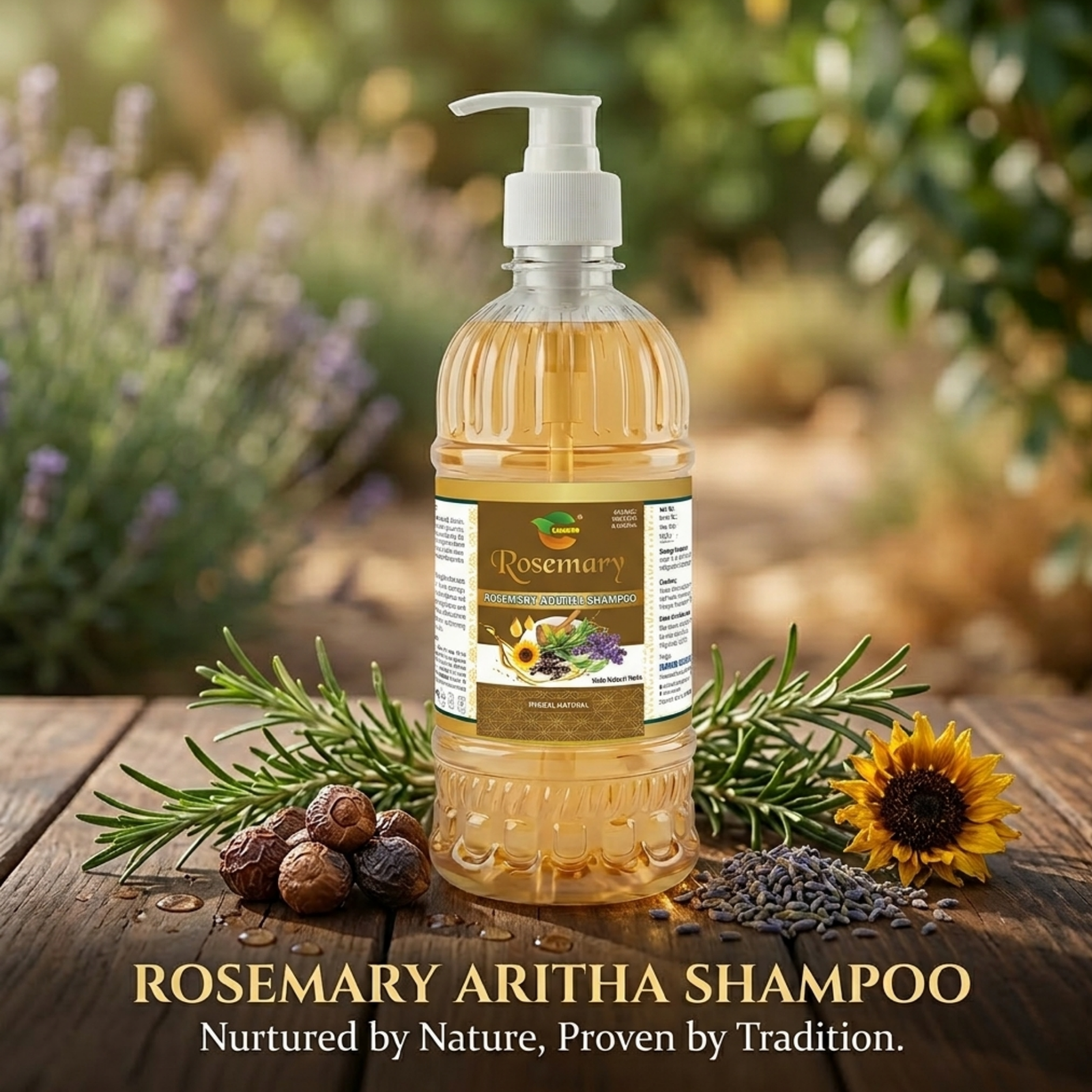 COSMI Rosemary Aritha Shampoo – Nurtured by Nature Proven by Tradition Lifestyle Product Photo with Herbs