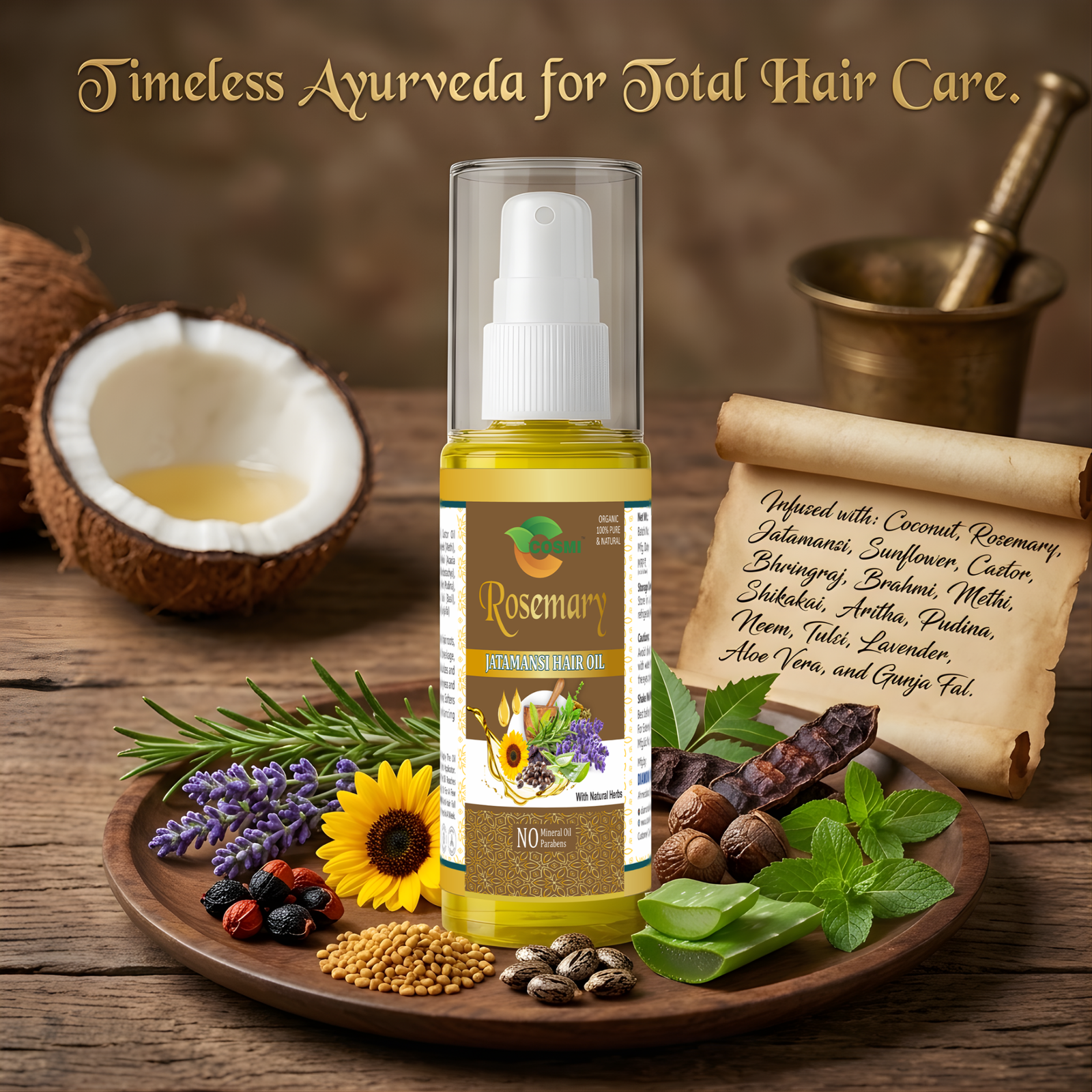 COSMI Rosemary Intra-Ayurvedic Hair Oil 100ml Spray Bottle – Timeless Ayurveda for Total Hair Care, Infused with Coconut, Rosemary, Jatamansi, Bhringraj & Ayurvedic Herbs