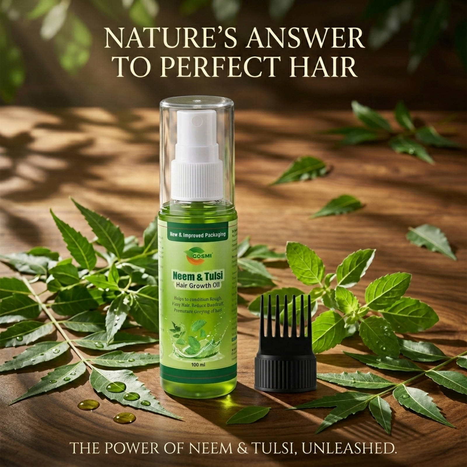 COSMI Neem & Tulsi Hair Growth Oil Lifestyle Product Shot – Nature's Answer to Perfect Hair with Fresh Neem & Tulsi Leaves, The Power Unleashed