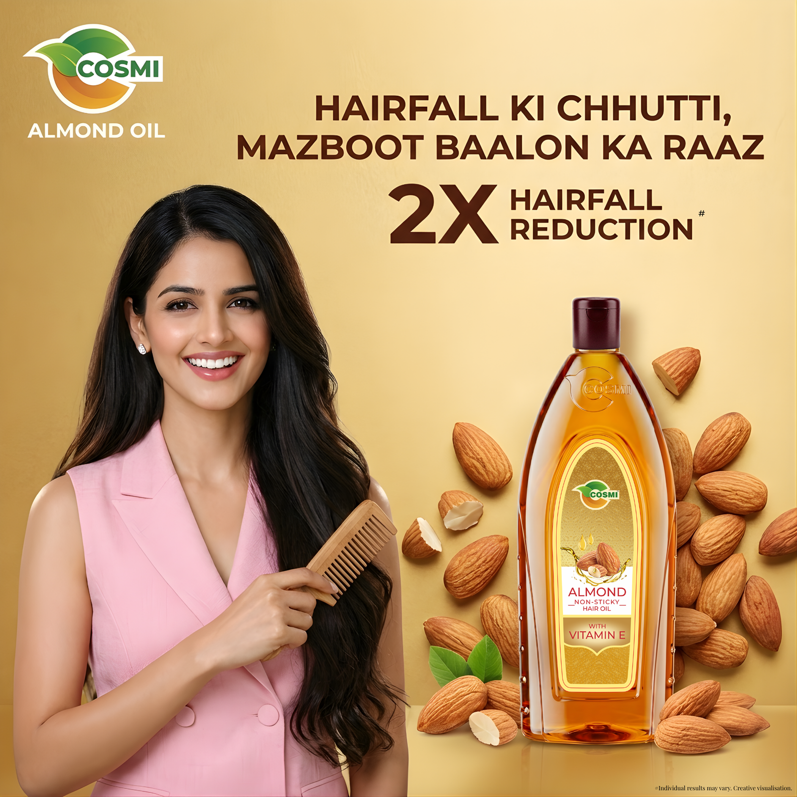 Smiling woman combing strong, healthy hair next to COSMI Almond Hair Oil, highlighting 2X Hairfall Reduction text.