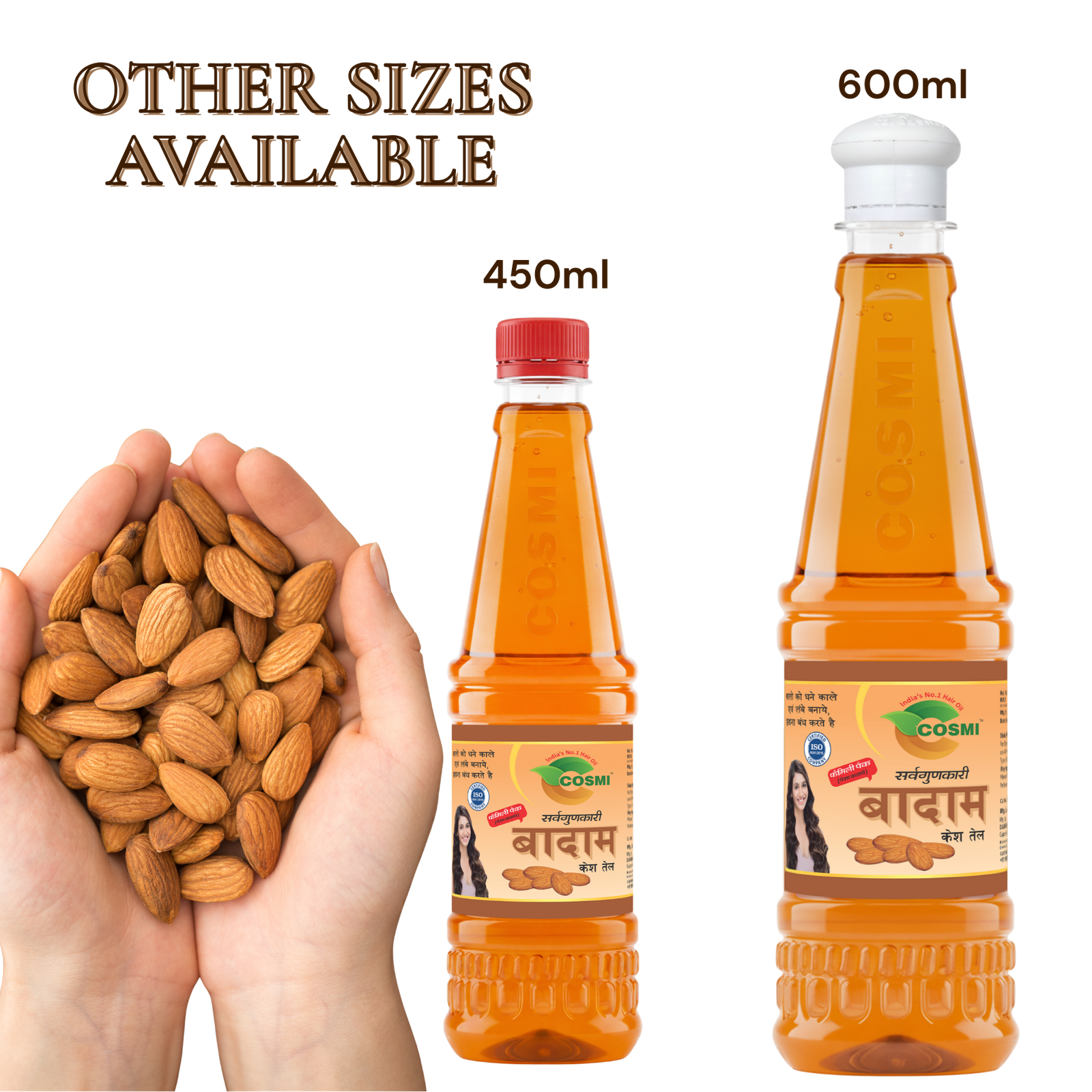 COSMI Almond Hair Oil - Available in 450ml & 600ml Value Sizes Two bottles of COSMI Almond Hair Oil in 450ml and 600ml sizes, displayed next to hands holding fresh almonds.
