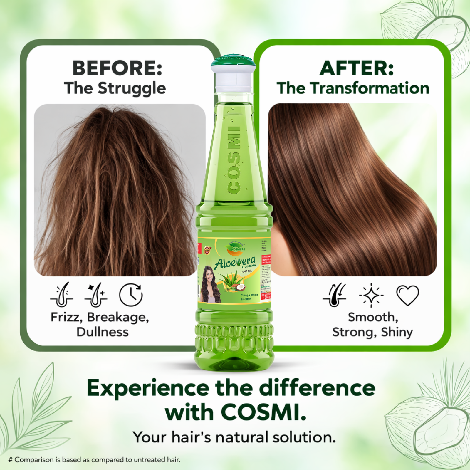 COSMI Aloe Vera Coconut Hair Oil Before and After – Transform Frizzy Hair to Smooth, Strong & Shiny Hair Naturally