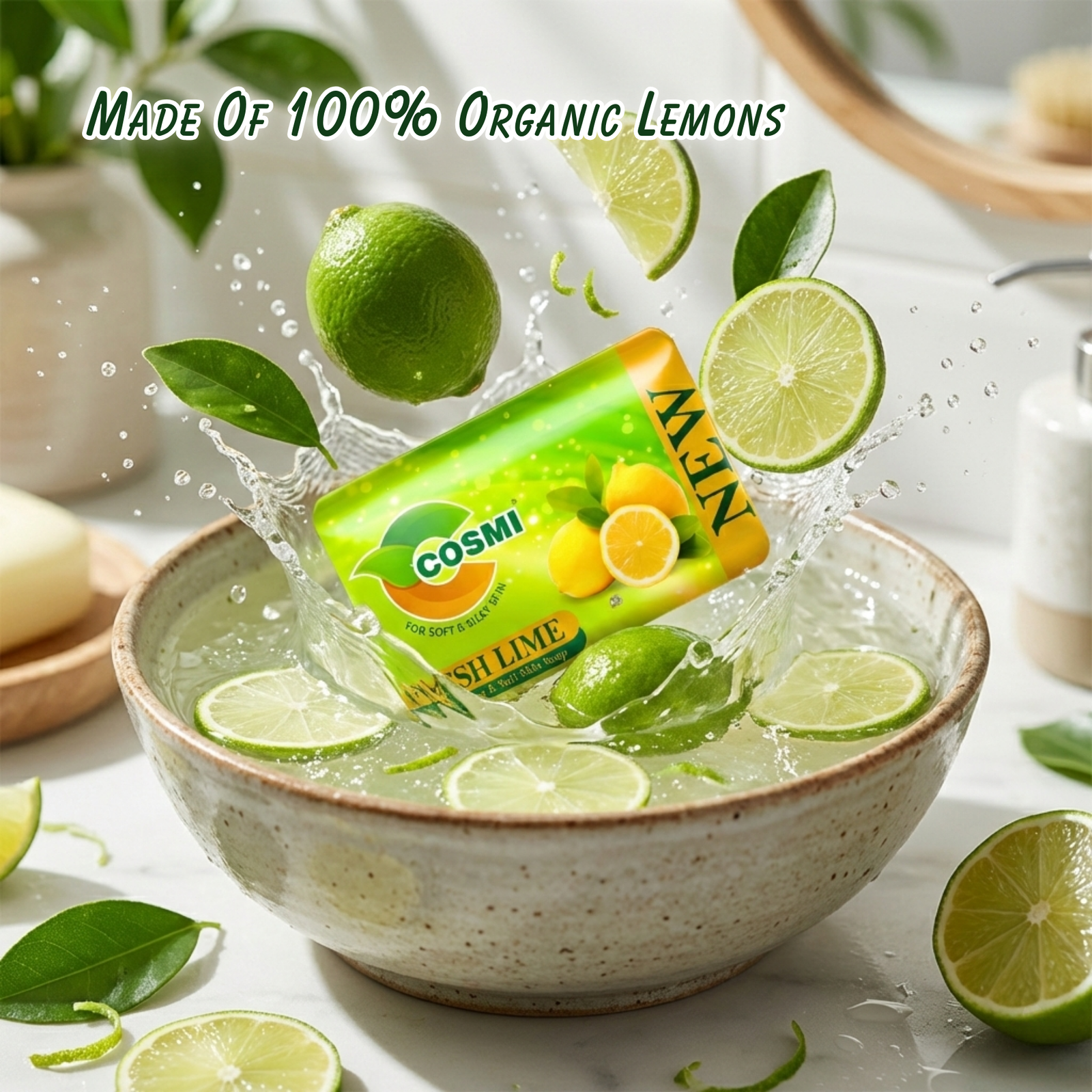 COSMI Fresh Lime Soap Made of 100 Percent Organic Lemons – Natural Lime Extract Moisturising Bright Skin Soap Lifestyle Image