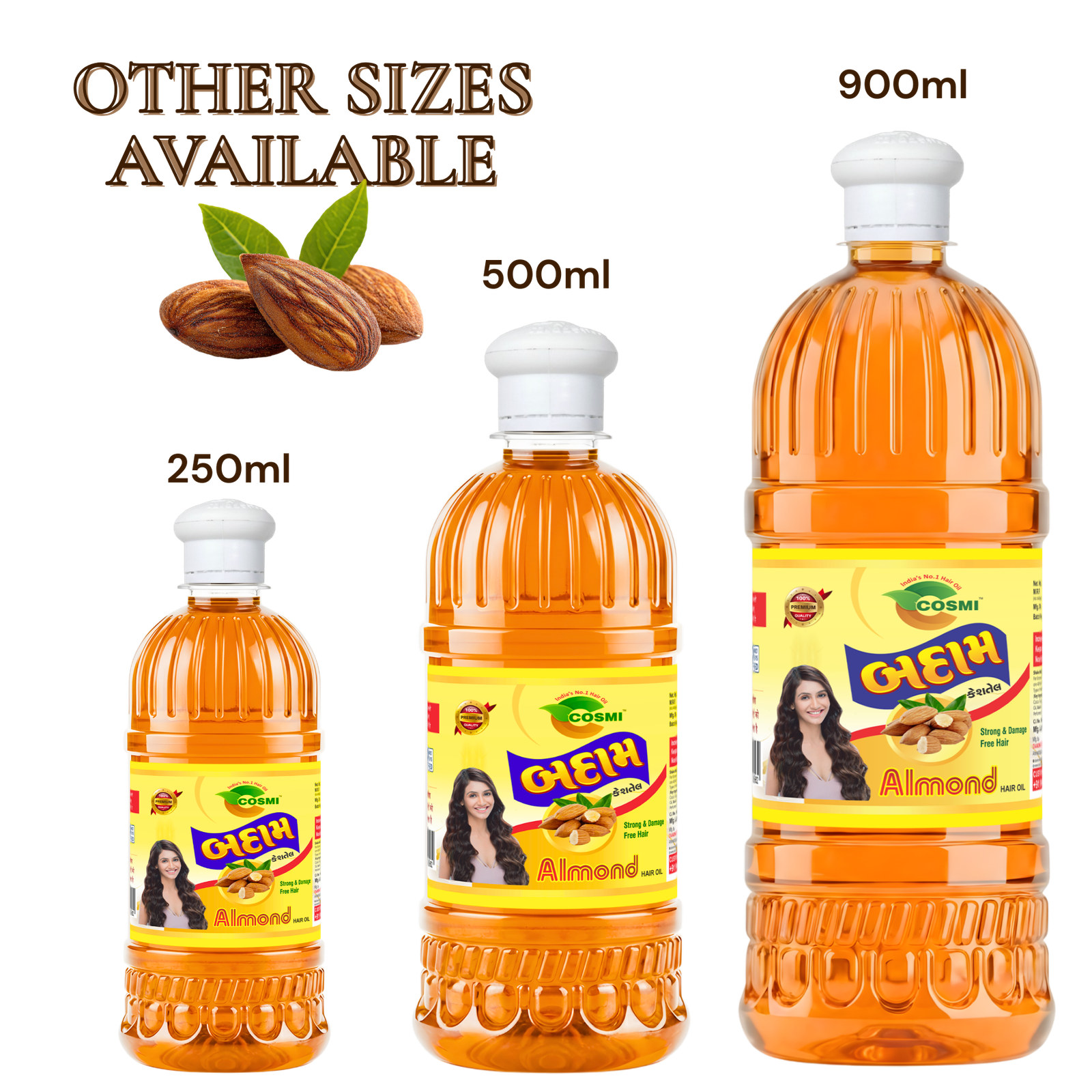 COSMI Almond Hair Oil - Available in 250ml, 500ml, & 900ml Sizes COSMI Almond Hair Oil bottles in available sizes of 250ml, 500ml, and 900ml.