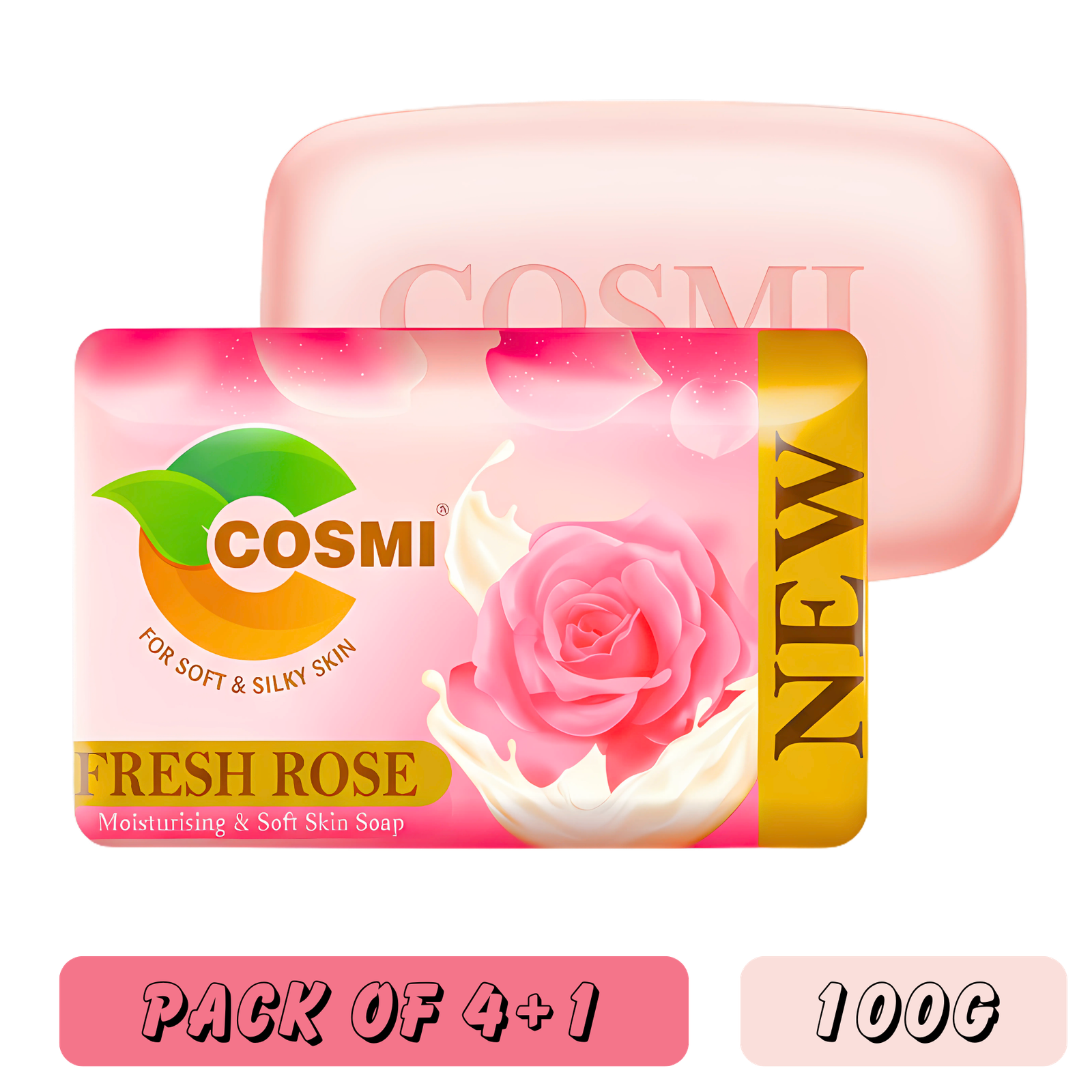 COSMI Fresh Rose Soap Pack of 4 Plus 1 Free 100g – Moisturising Soft Skin Soap Natural Rose Extract Combo Pack
