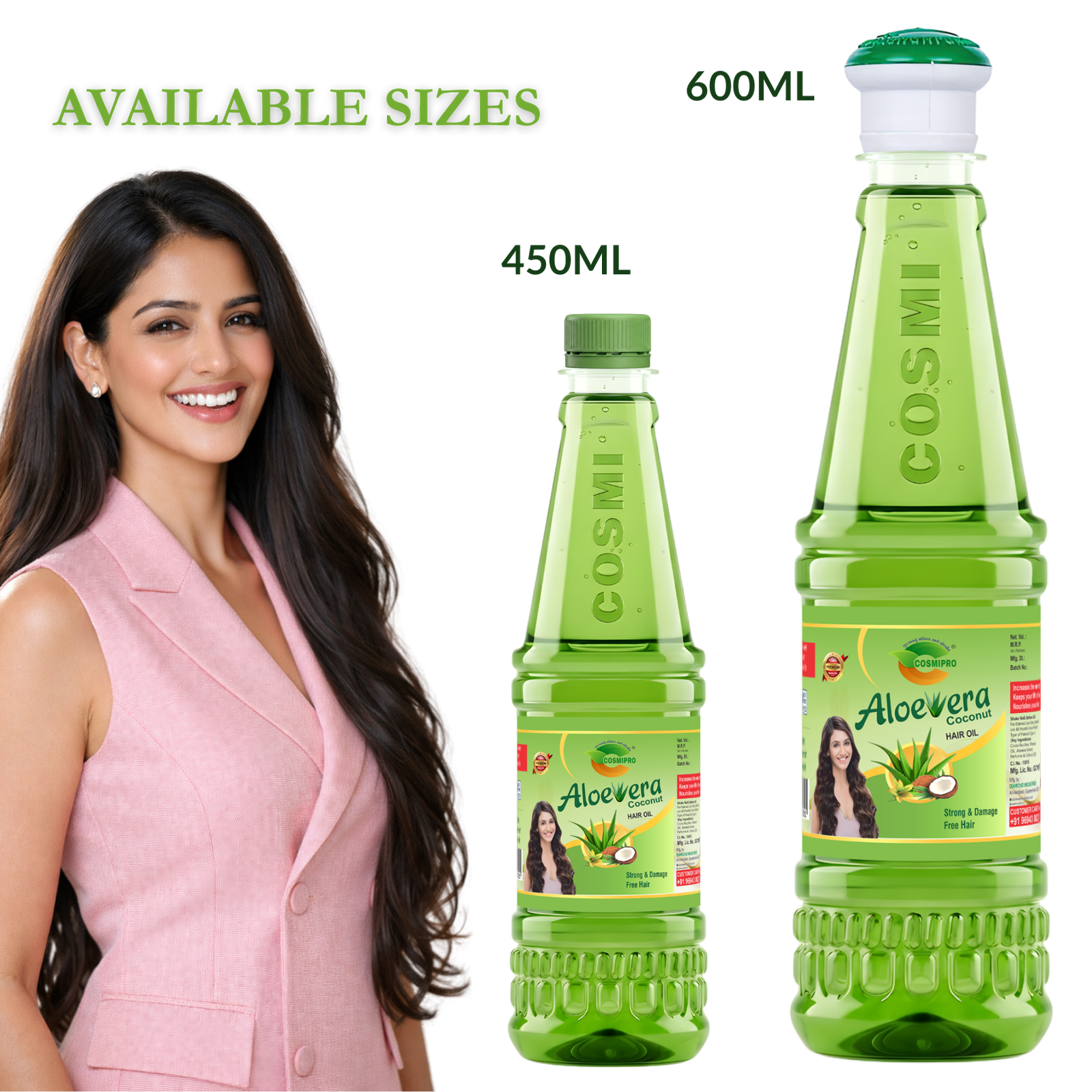 COSMI Aloe Vera Coconut Hair Oil Available Sizes – 450ml and 600ml Tower Bottles for Natural Hair Nourishment