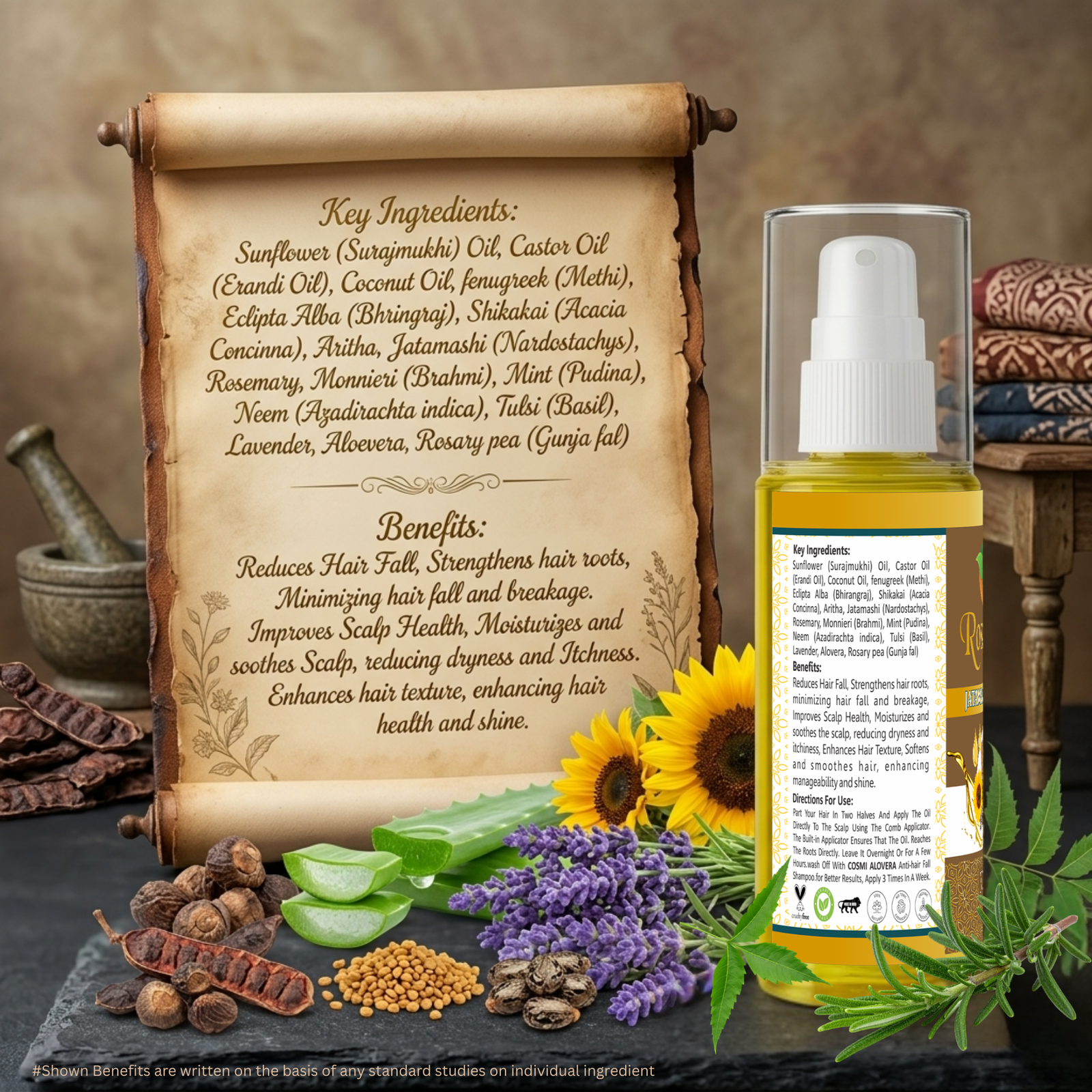 COSMI Rosemary Intra-Ayurvedic Hair Oil 100ml Spray Bottle Key Ingredients & Benefits – Sunflower, Castor, Aritha, Jatamansi, Rosemary, Brahmi for Hair Fall Control & Scalp Health