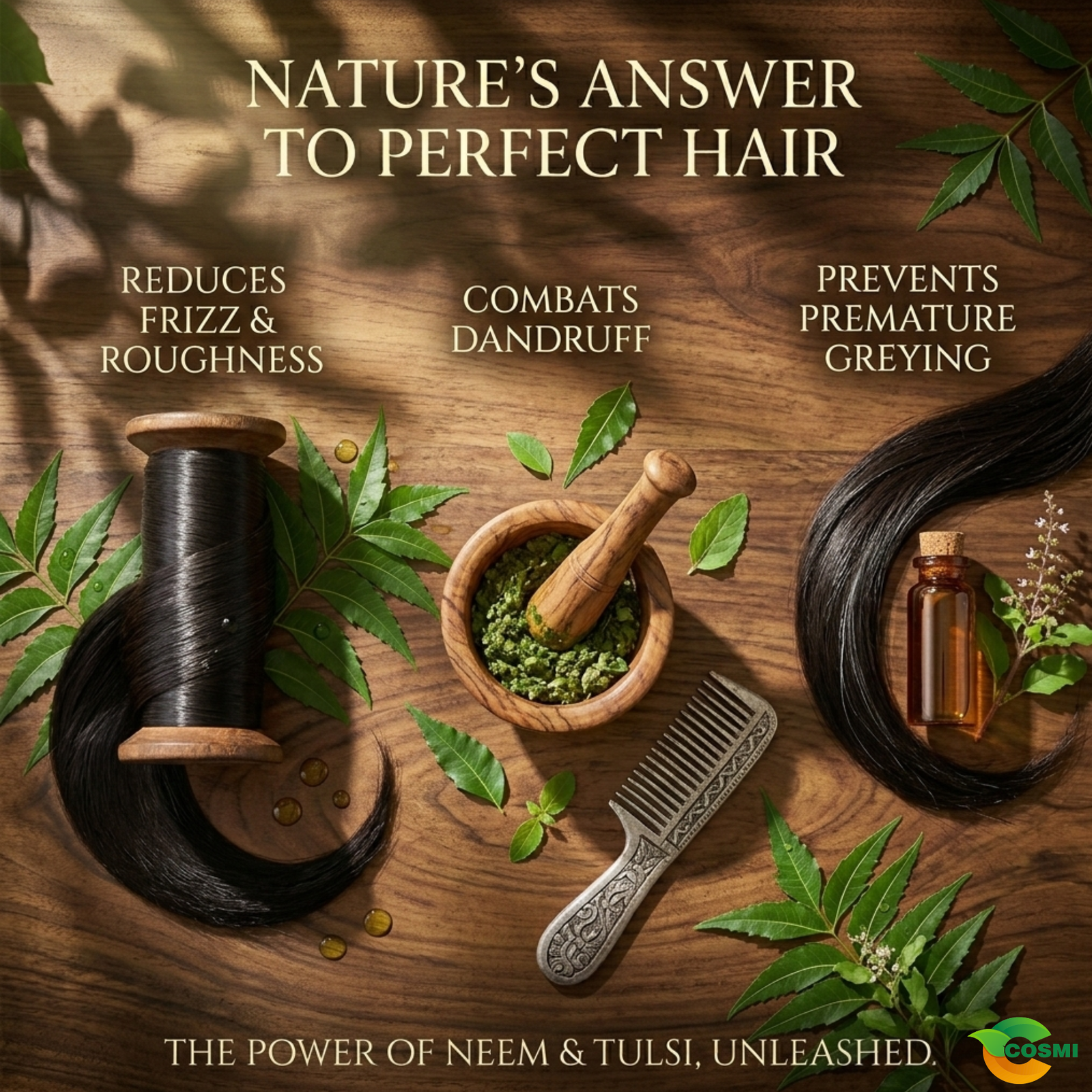 COSMI Neem & Tulsi Hair Growth Oil Benefits – Reduces Frizz & Roughness, Combats Dandruff, Prevents Premature Greying with Neem & Tulsi Power