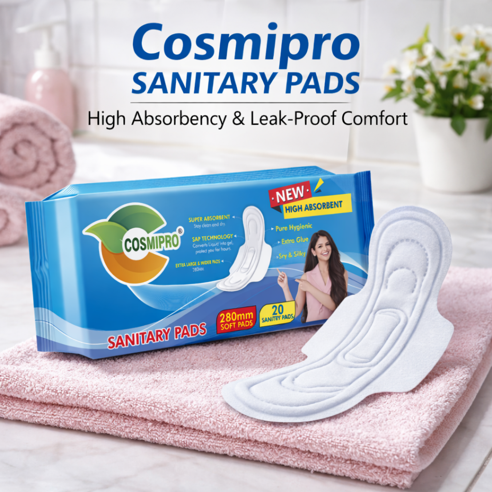 COSMIPRO Sanitary Pads 280mm High Absorbency & Leak-Proof Comfort – 20 Soft Pads, New High Absorbent SAP Technology for All-Day Freshness & Protection