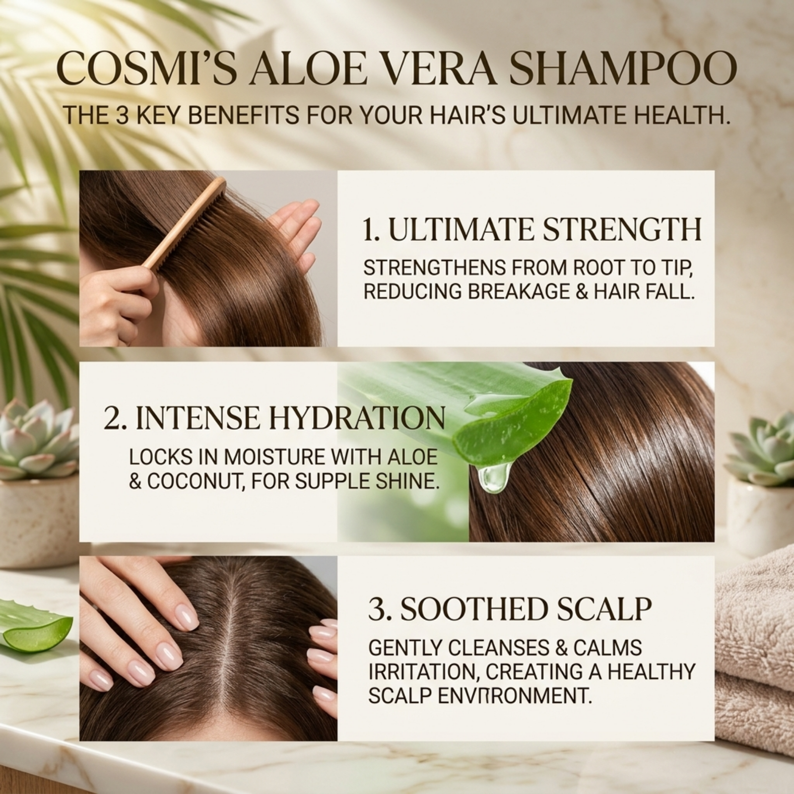 COSMI Aloe Vera Shampoo 3 Key Benefits – Ultimate Strength, Intense Hydration & Soothed Scalp for Healthier Hair