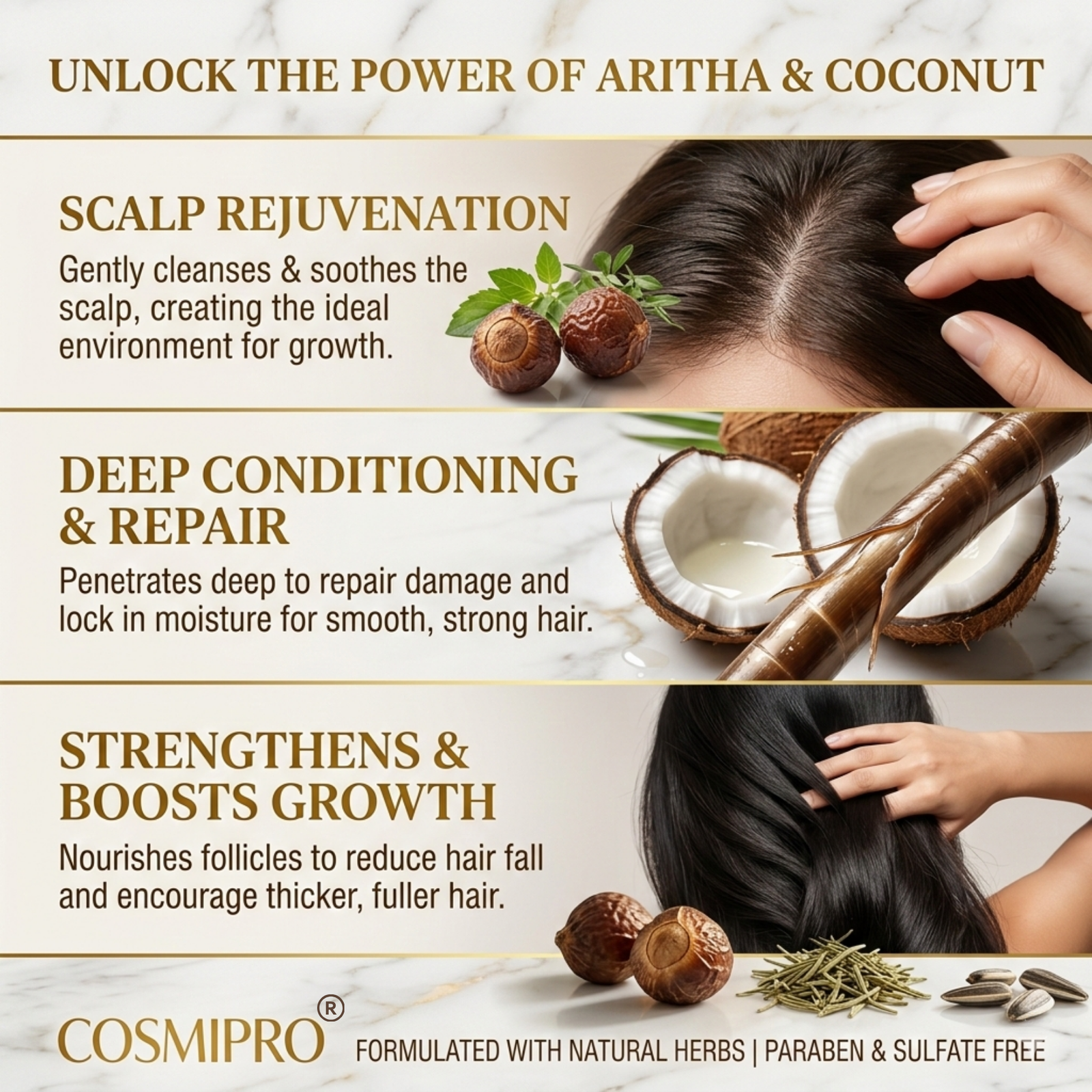 COSMI Aritha Coconut Hair Growth Oil Benefits – Scalp Rejuvenation Deep Conditioning Repair Strengthens Boosts Growth Paraben Sulfate Free