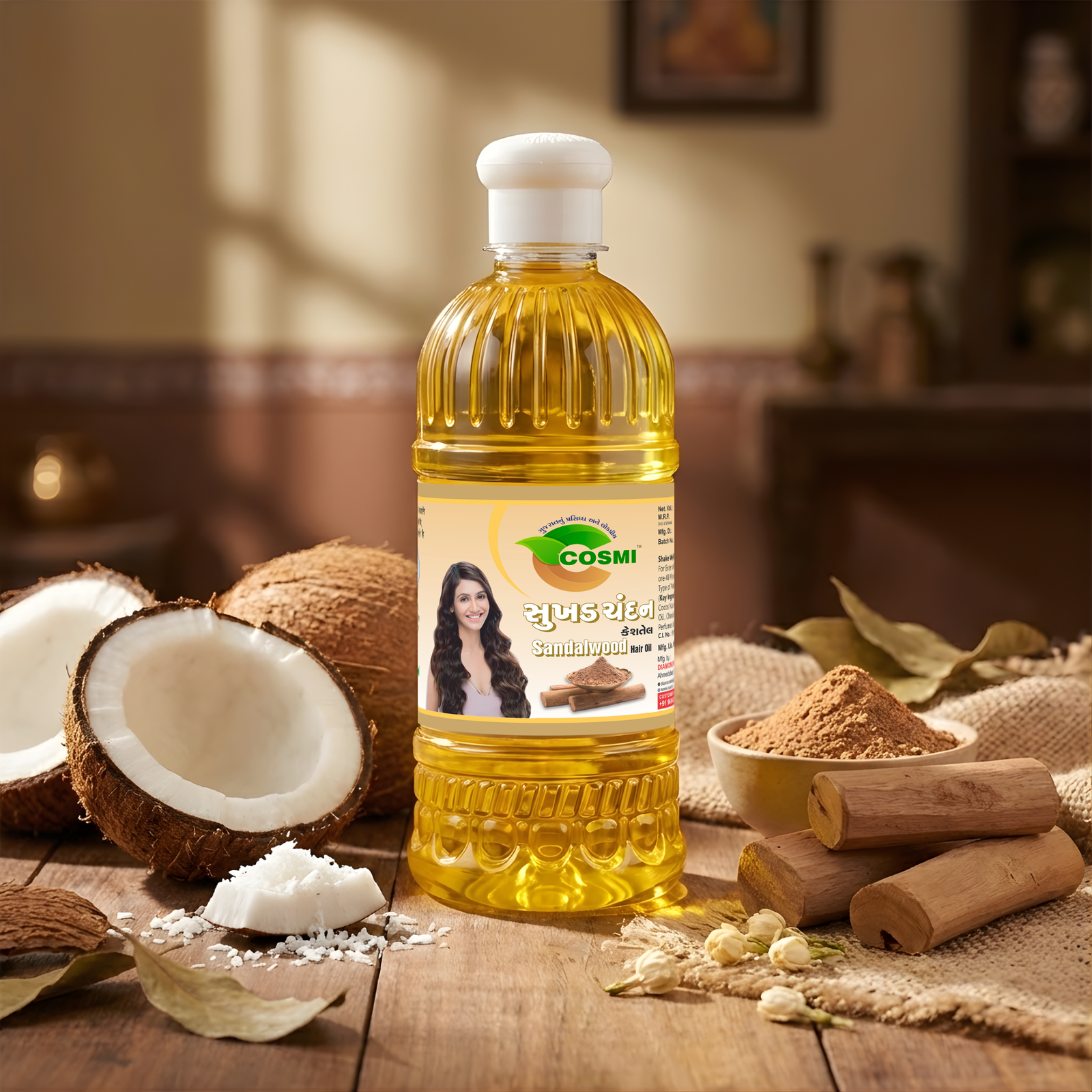 COSMI Naturals Chandan Sandalwood Hair Oil Bottle with Sandalwood and Coconut Ingredients – Premium Natural Hair Oil for Shiny Nourished Hair