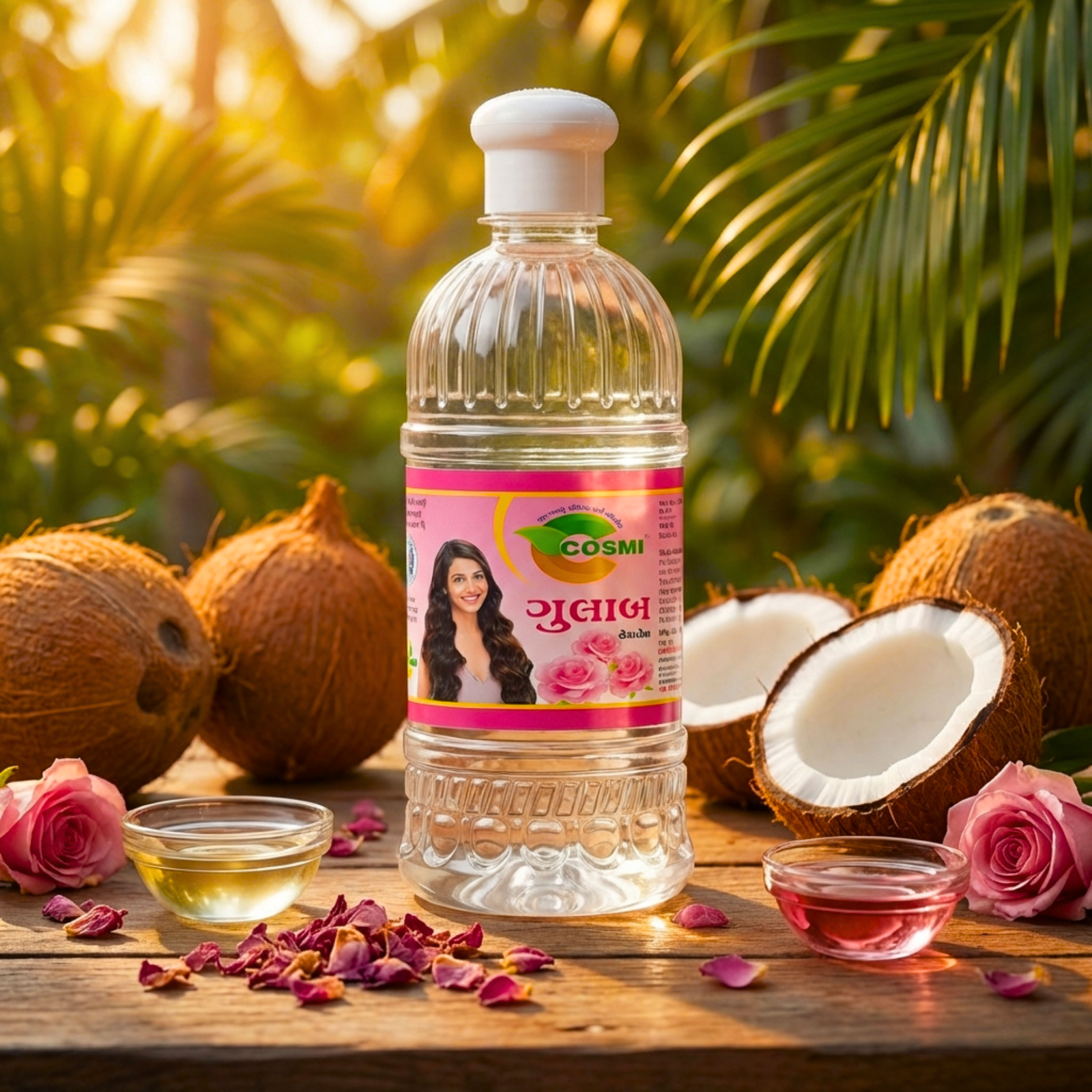 COSMI Gulab Rose Hair Oil – Tropical Ingredients Lifestyle Product Image COSMI Gulab Rose Hair Oil Gujarati Bottle – Natural Rose & Coconut Infused Hair Oil for Soft, Shiny & Deeply Nourished Hair