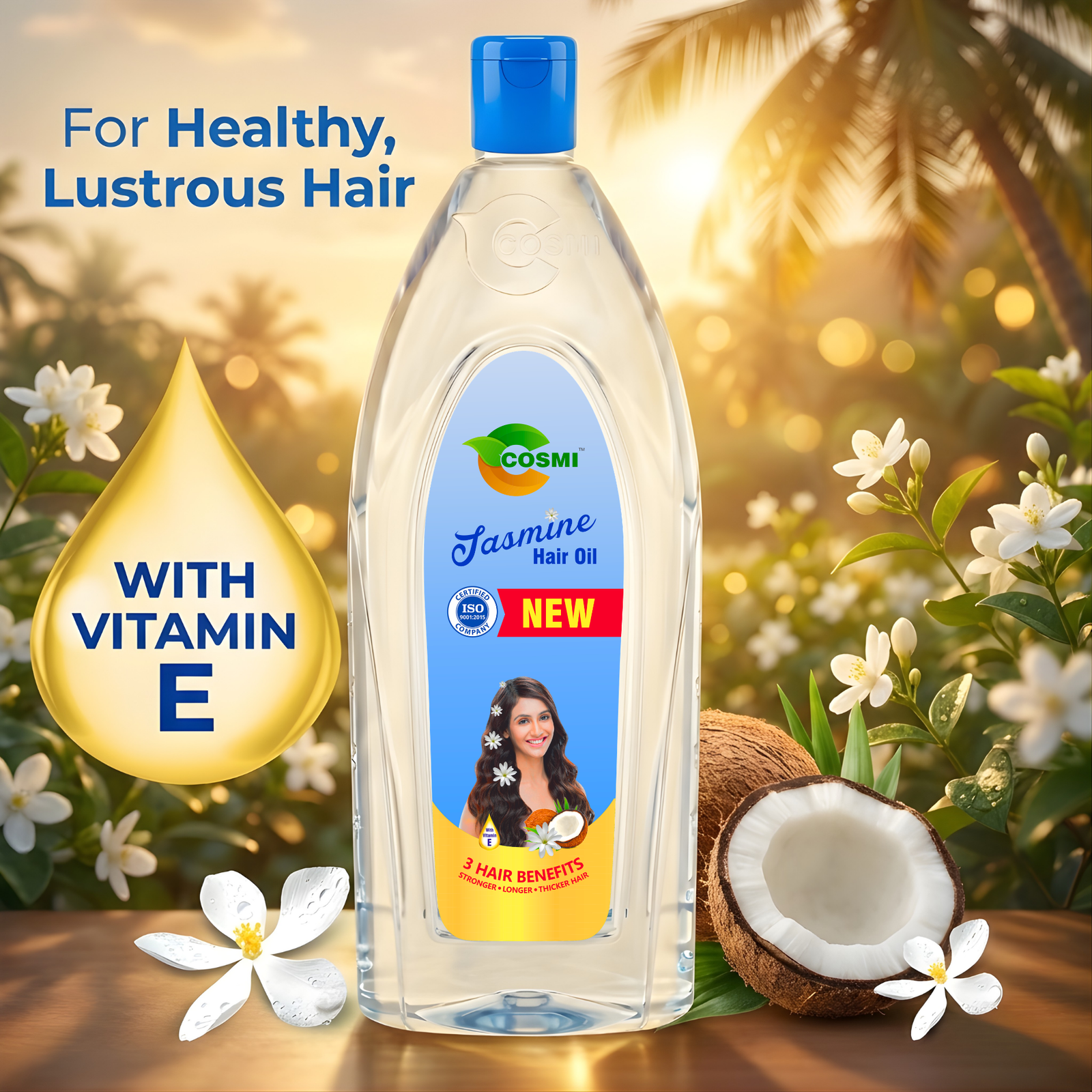 COSMI Jasmine Hair Oil with Vitamin E – For Healthy, Lustrous Hair. New Jasmine Hair Oil Flip-top Bottle with Natural Jasmine & Coconut