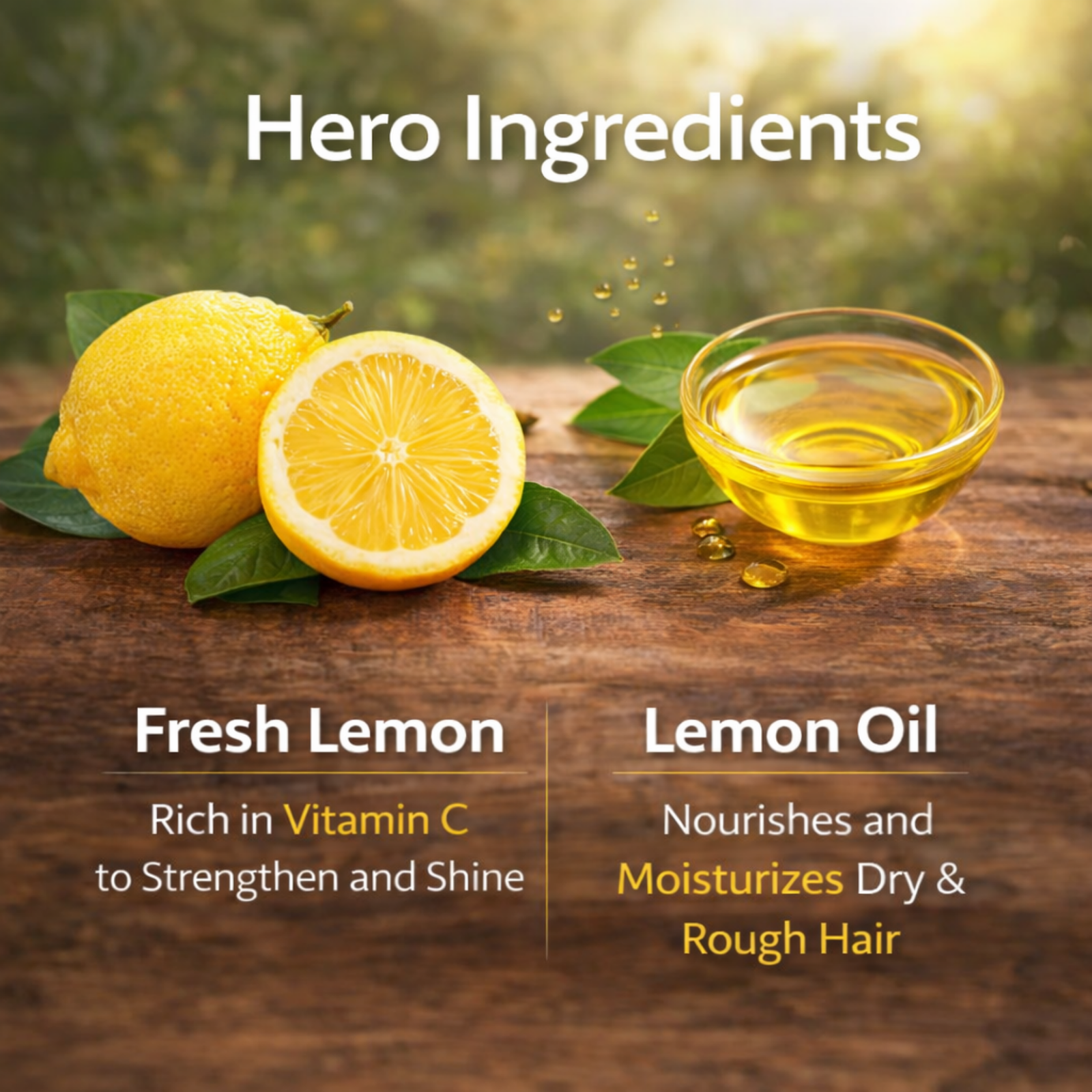 4 COSMI Lemon Hair Oil Hero Ingredients – Fresh Lemon Vitamin C Strengthen Shine and Lemon Oil Nourish Moisturise Dry Rough Hair