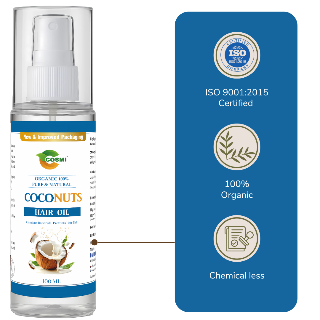 COSMI Virgin Coconuts Hair Oil 100ml – ISO 9001:2015 Certified, 100% Organic & Chemical-less, Trusted Quality Assurance for Pure Natural Hair Oil