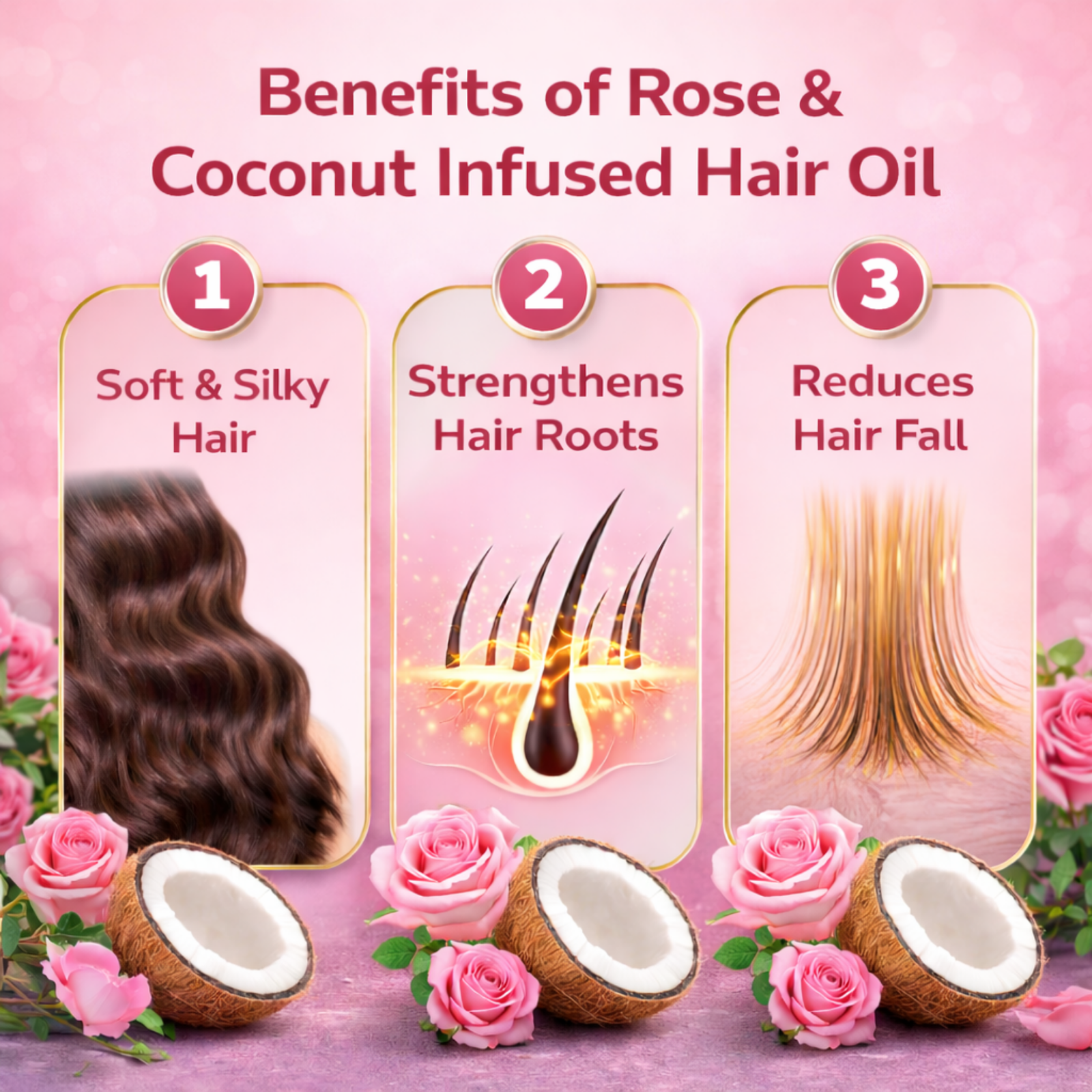 COSMI Gulab Rose Coconut Hair Oil – 3 Key Benefits: Soft Hair, Stronger Roots & Less Hair Fall COSMI Gulab Rose & Coconut Hair Oil Benefits – Soft & Silky Hair, Strengthens Hair Roots & Reduces Hair Fall Naturally