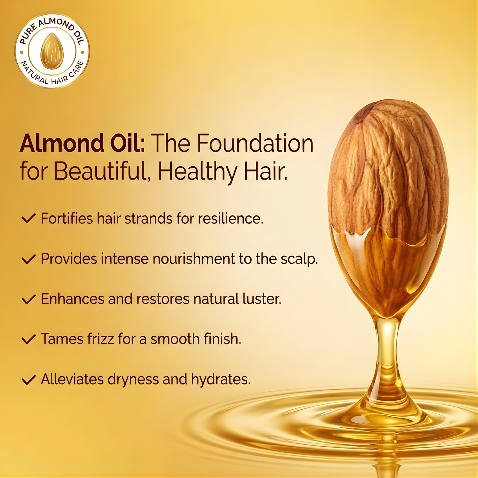 Infographic showing an almond morphing into golden oil, listing five key benefits of pure almond hair oil.