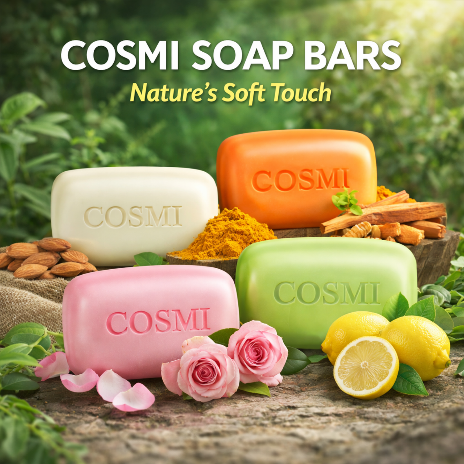 COSMI Soap Bars Nature's Soft Touch – lifestyle image with Milk & Almonds, Sandal & Turmeric, Fresh Rose, and Fresh Lime soaps