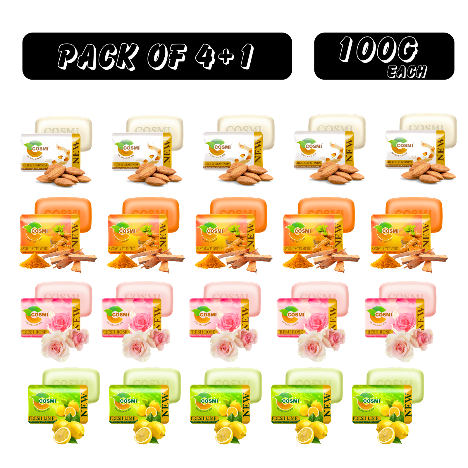 COSMI Naturals Soap Pack of 4+1 – 100g Each, featuring Milk & Almonds, Sandal & Turmeric, Fresh Rose, and Fresh Lime