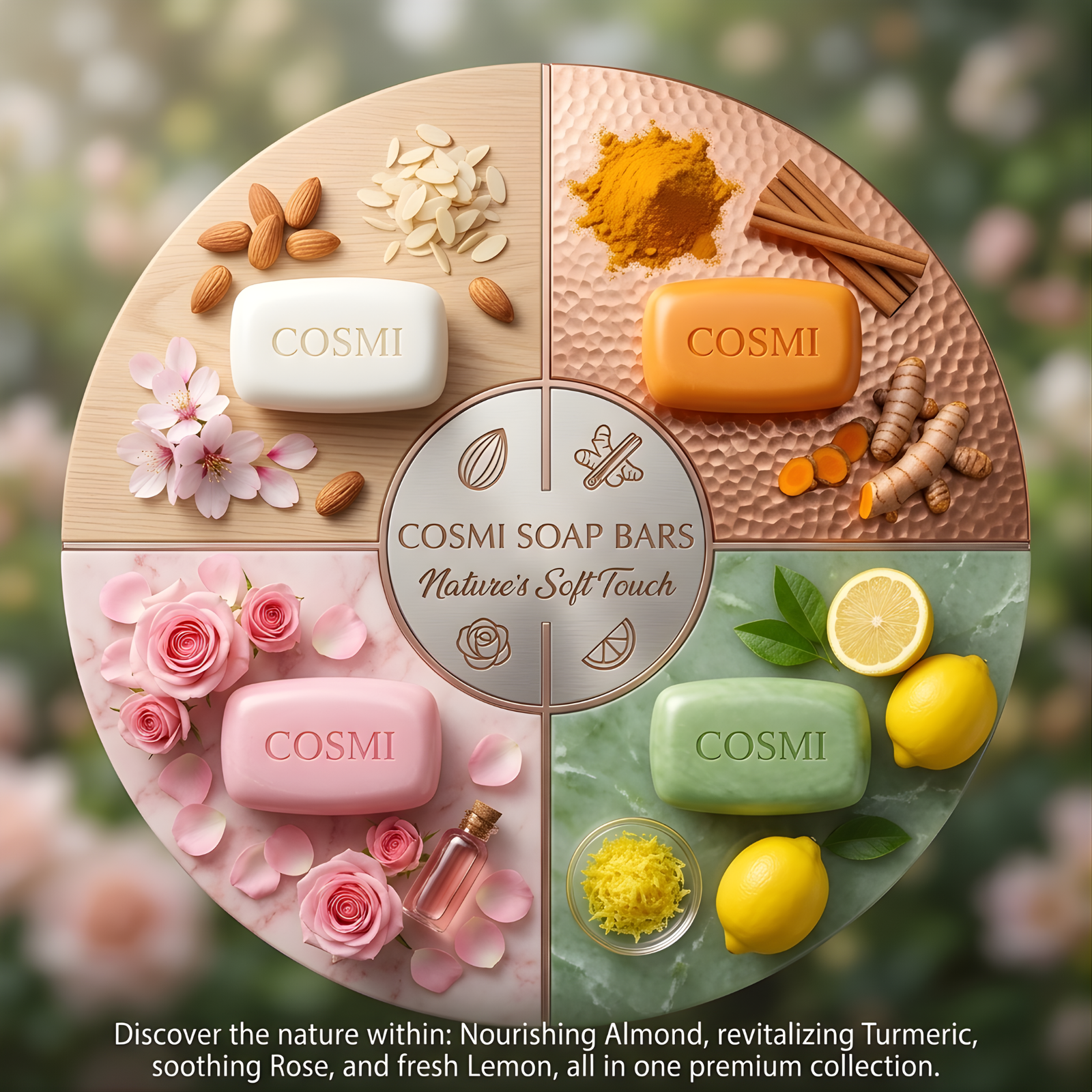 COSMI Soap Bars Nature's Soft Touch – Circular collage with Almond, Turmeric, Rose, and Lemon variants