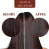 Before and after comparison showing dry, frizzy hair transforming into smooth, shiny hair using COSMI Light & Non-Sticky Hair Oil.