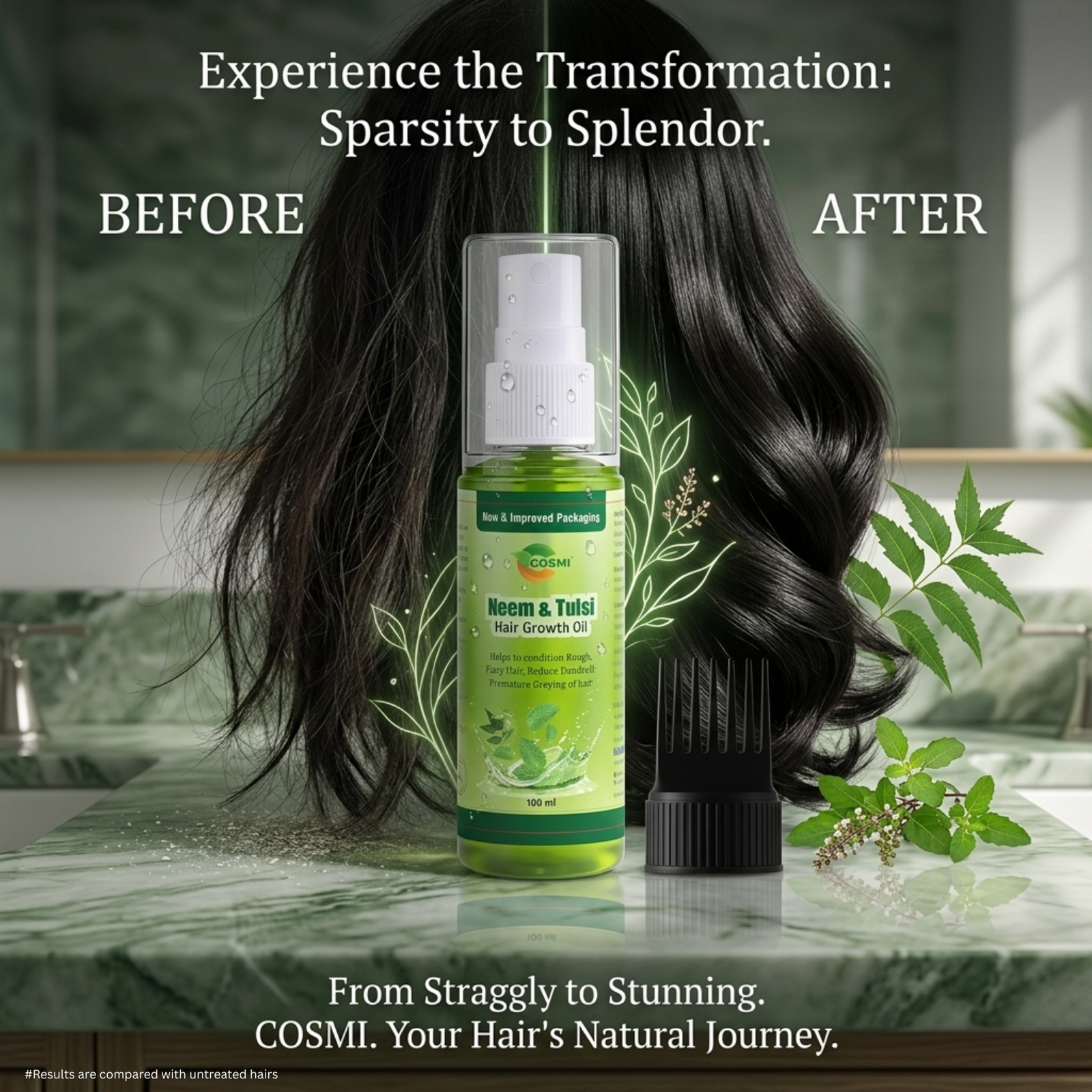 COSMI Neem & Tulsi Hair Growth Oil Before & After – Sparsity to Splendor Transformation, From Straggly to Stunning Hair Naturally