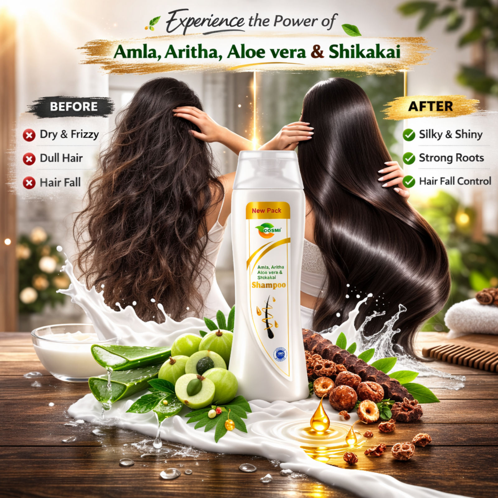COSMI Milky Way Shampoo Before After – Dry Frizzy to Silky Shiny Hair with Amla Aritha Aloe Vera Shikakai