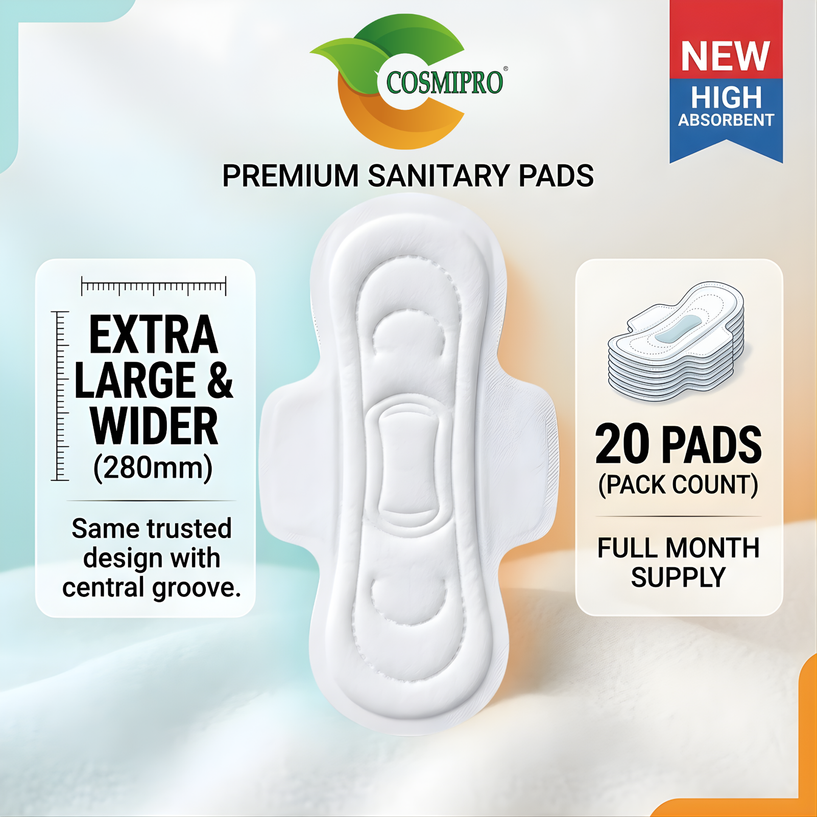 COSMIPRO Premium Sanitary Pads 280mm – Extra Large & Wider, 20 Pads Full Month Supply, New High Absorbent, Same Trusted Design with Central Groove