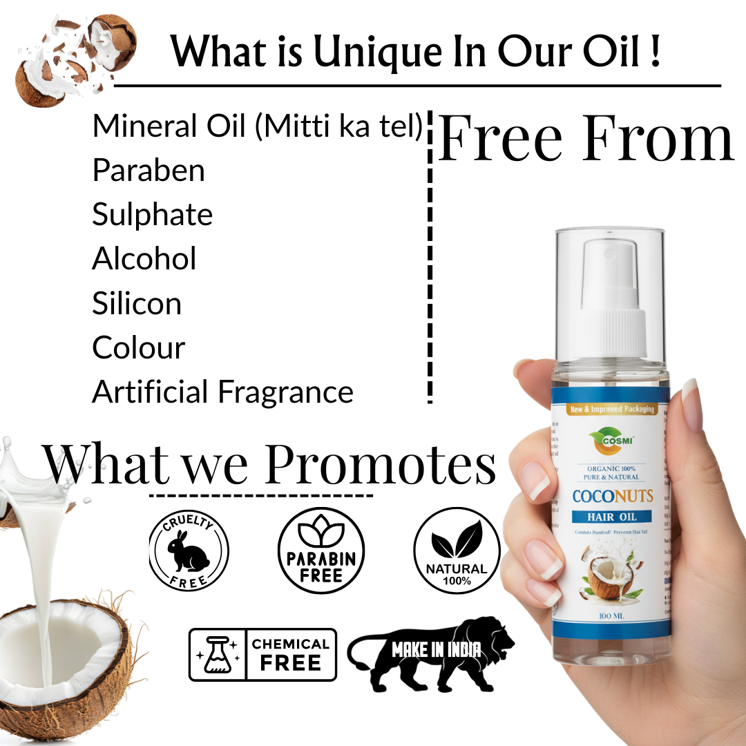 COSMI Virgin Coconuts Hair Oil What is Unique – Free From Mineral Oil, Paraben, Sulphate, Alcohol, Silicon & Artificial Fragrance, Cruelty Free, Chemical Free, Made in India