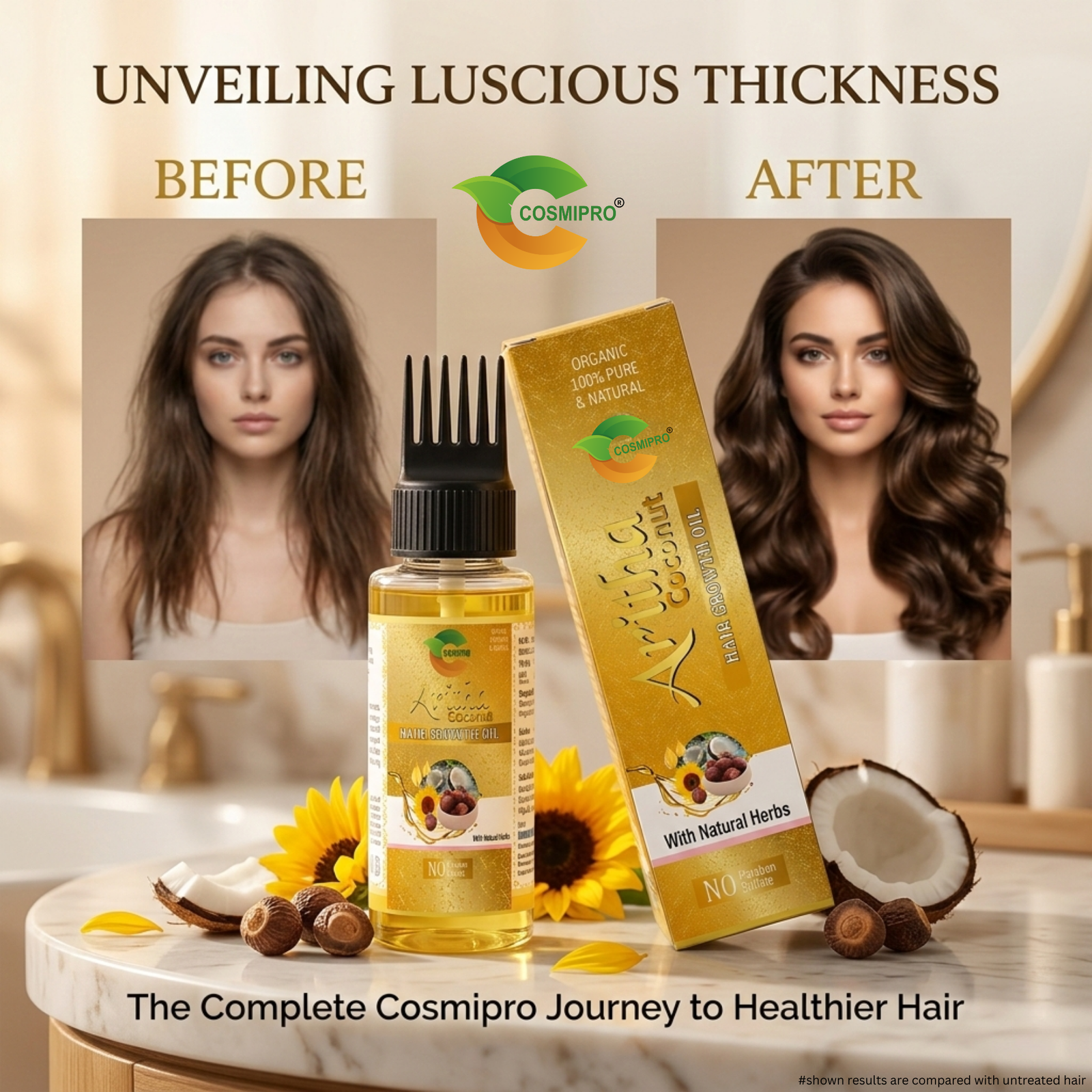 COSMI Aritha Coconut Hair Growth Oil Before and After – Unveiling Luscious Thickness Healthier Hair Results India