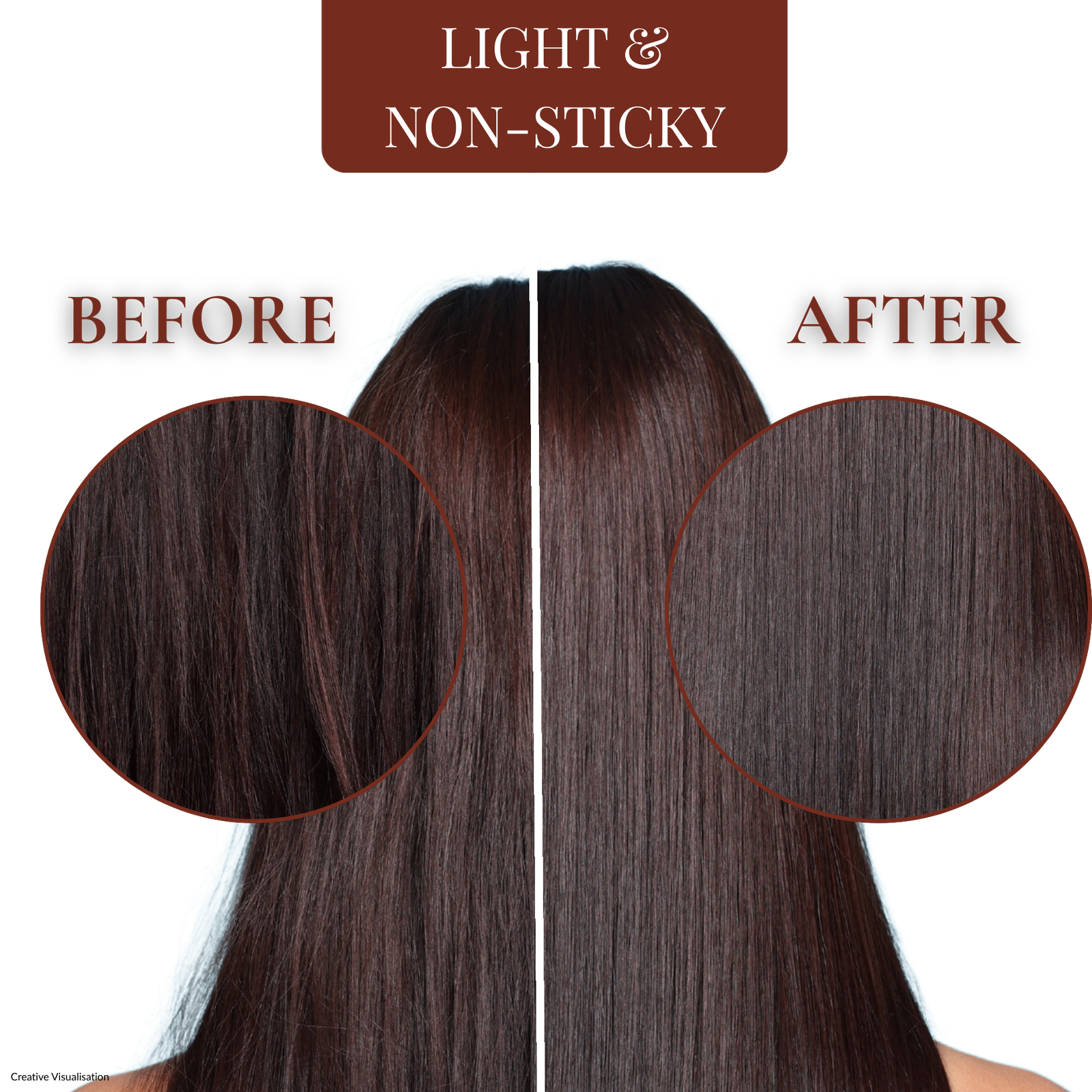 Before and after comparison showing dry, frizzy hair transforming into smooth, shiny hair using COSMI Light & Non-Sticky Hair Oil.