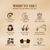 Grid of icons explaining when to use COSMI Almond Hair Oil, including pre-wash, overnight, and post-styling routines.